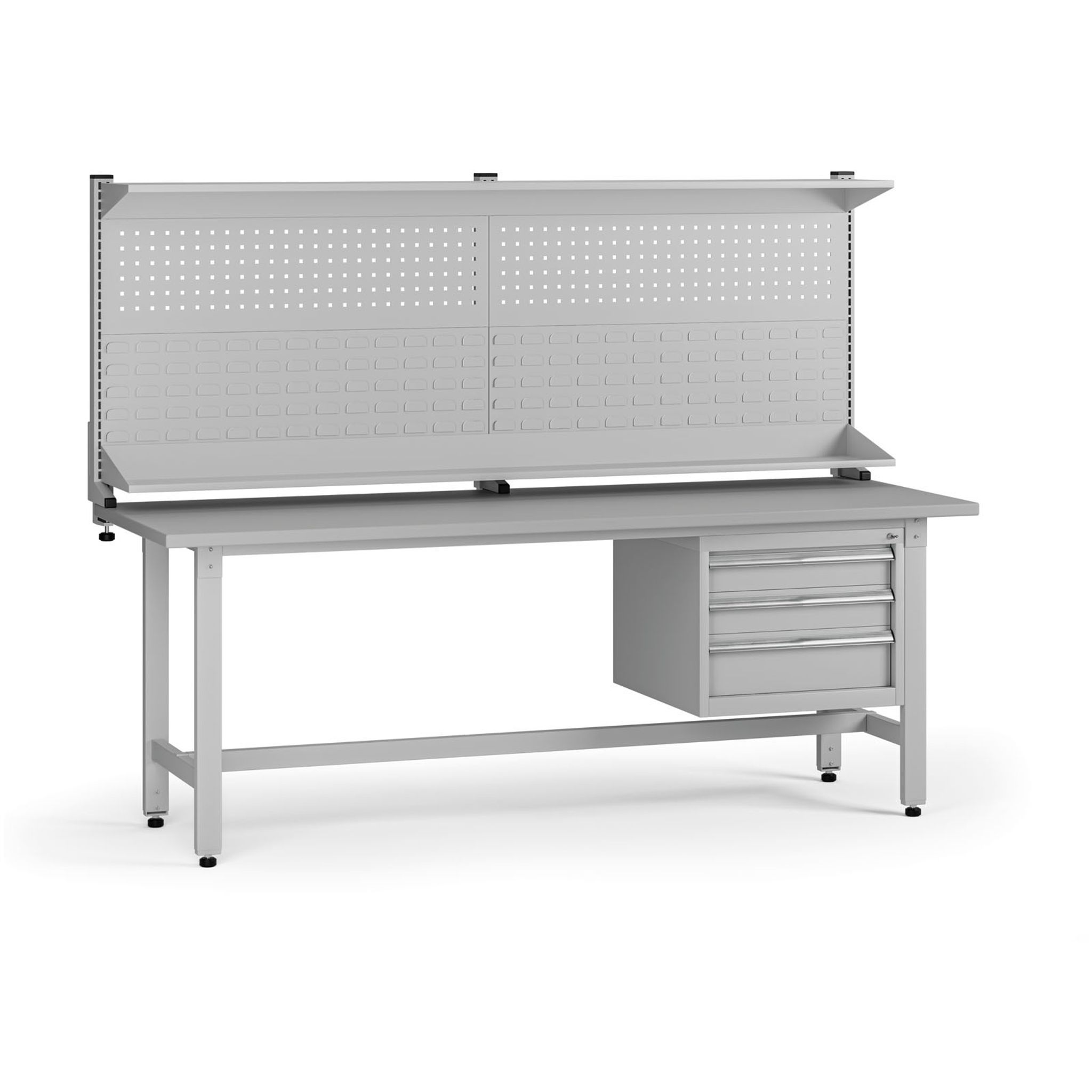 Výškově nastavitelný dílenský stůl G5 s nástavbou, 2100 x 750 x 800-1000 mm, 1x kontejner, 3 zásuvky, šedá