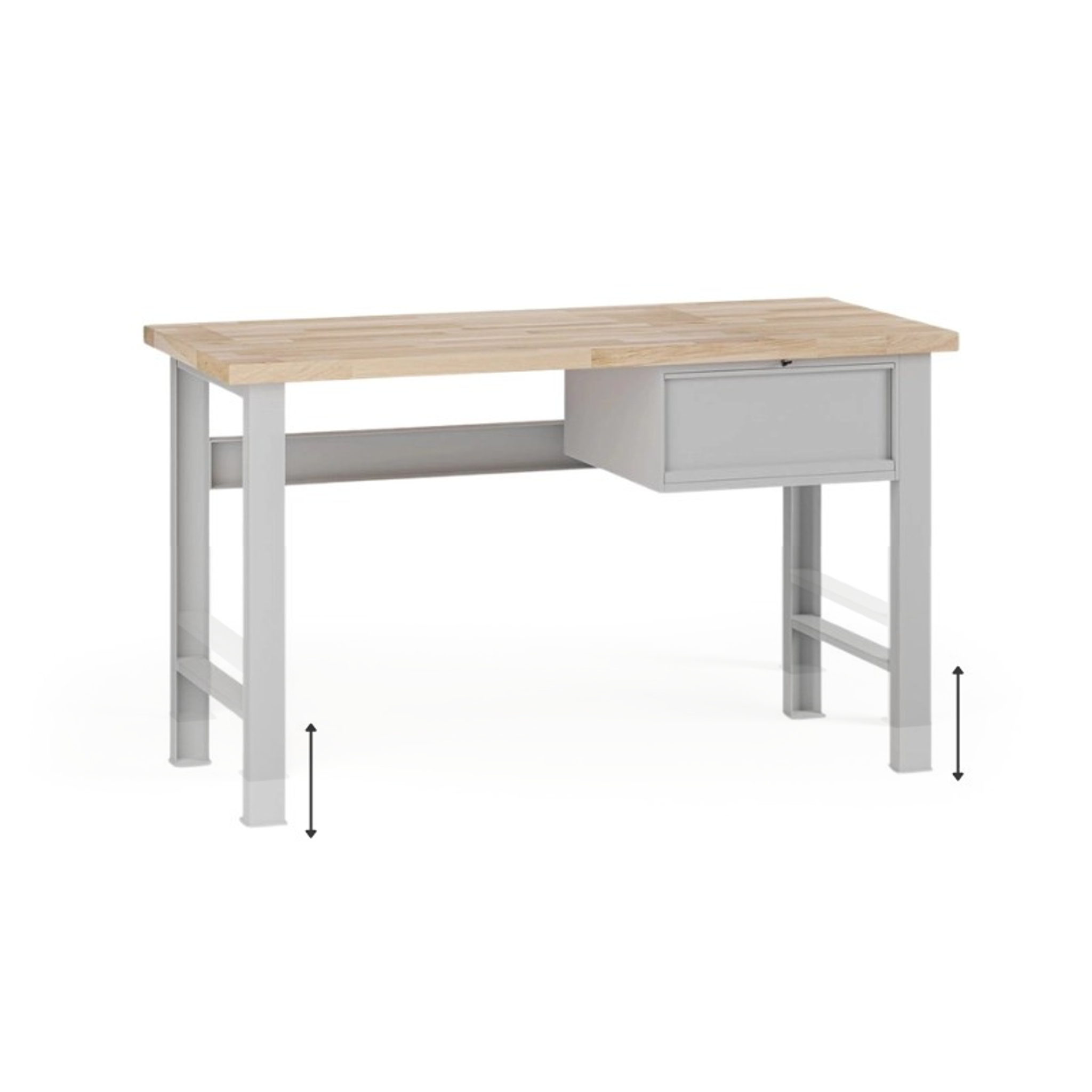 Výškově nastavitelný dílenský stůl G7, buková spárovka, 1500 x 800 x 840-1040 mm, 1x kontejner, 1 zásuvka, šedá