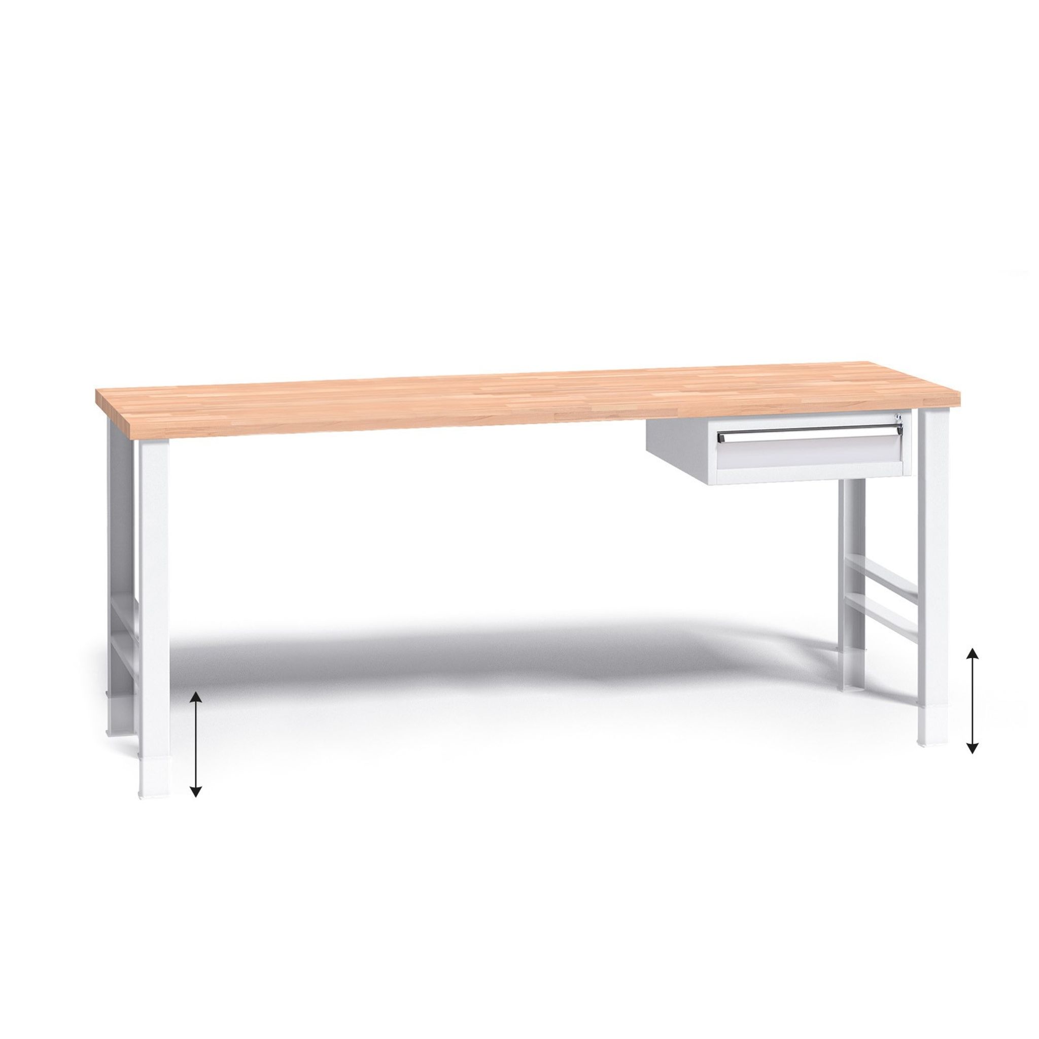 Výškově nastavitelný pracovní stůl do dílny G3 se závěsným boxem na nářadí, buková spárovka, 1 zásuvka, 2000 x 685 x 840 - 1050 mm