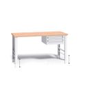 Výškově nastavitelný pracovní stůl do dílny G3 se závěsným boxem na nářadí, buková spárovka, 2 zásuvky, 1500 x 685 x 840 - 1050 mm, šedá
