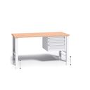 Výškově nastavitelný pracovní stůl do dílny G3 se závěsným boxem na nářadí, buková spárovka, 3 zásuvky, 1500 x 685 x 840 - 1050 mm, šedá