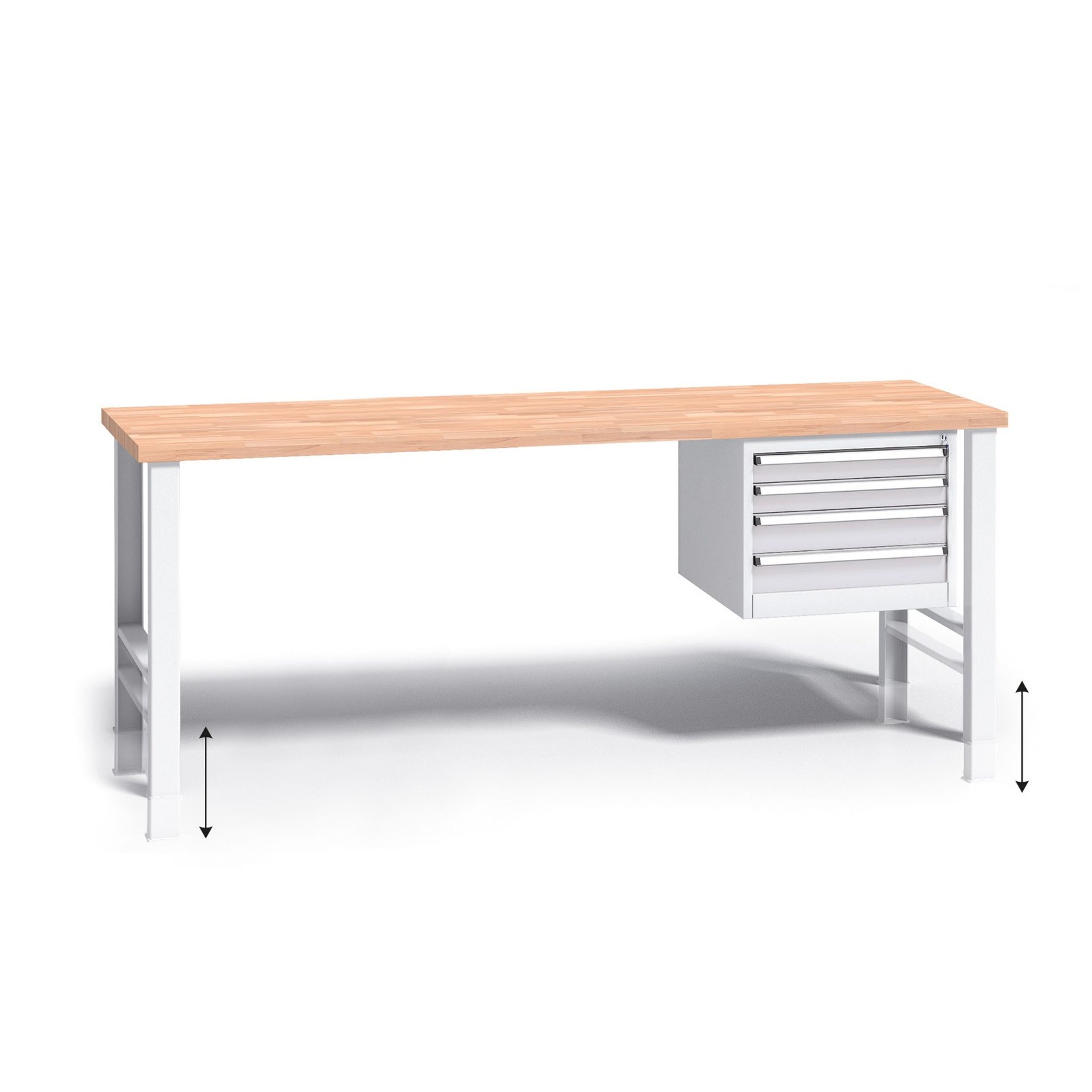 Výškově nastavitelný pracovní stůl do dílny G3 se závěsným boxem na nářadí, buková spárovka, 4 zásuvky, 2000 x 685 x 840 - 1050 mm, šedá