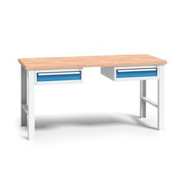 Výškově nastavitelný pracovní stůl do dílny WL se 2 závěsnými boxy na nářadí, buková spárovka, 2 zásuvky, 1700 x 685 x 840 - 1050 mm