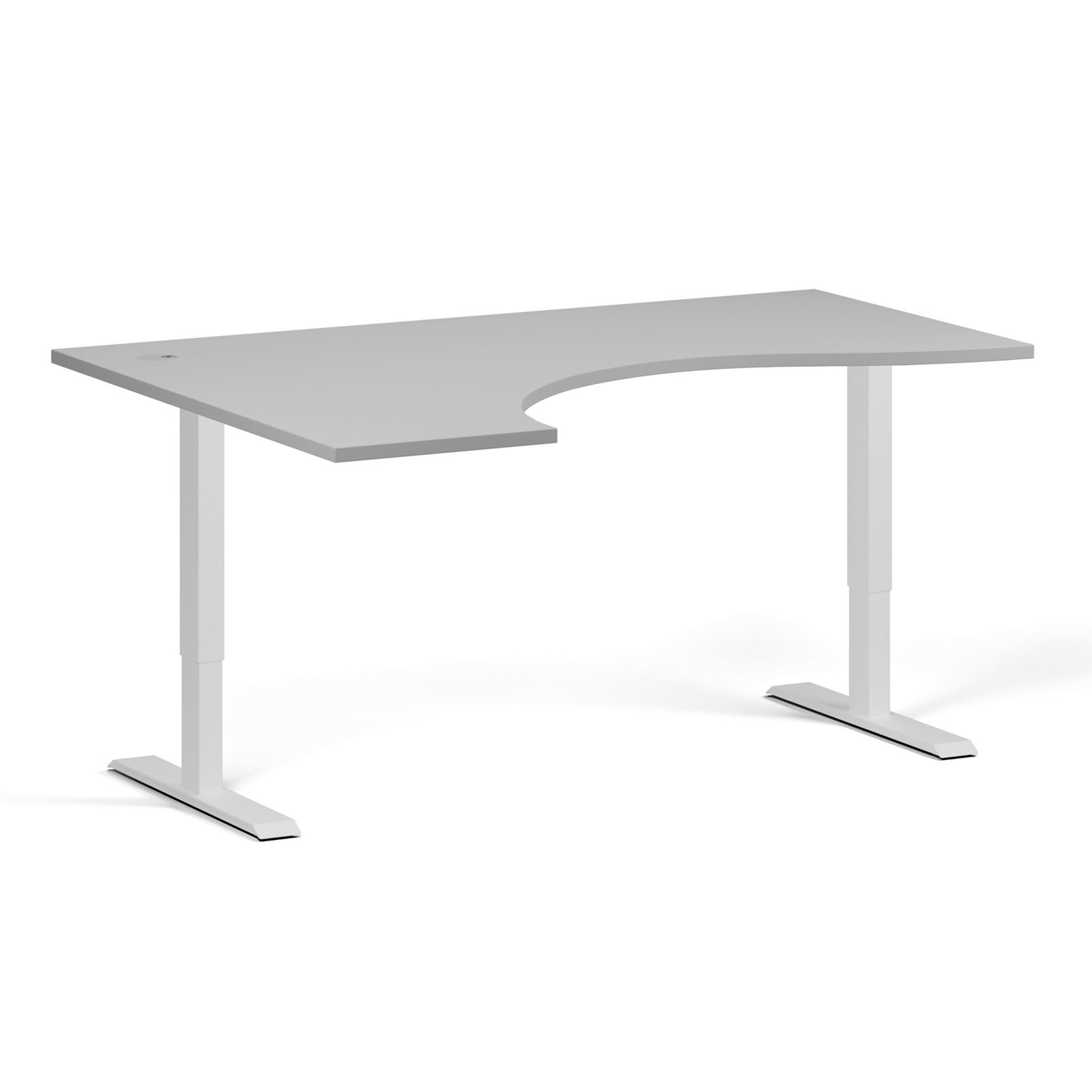 Výškově nastavitelný stůl, 2 motory, 745 - 1215 mm, ergonomický levý, deska 1600 x 1200 mm, bílá podnož, šedá