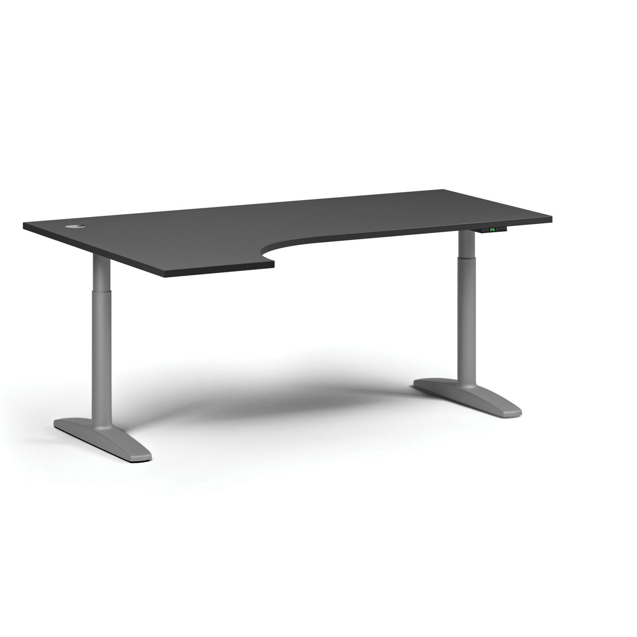 Výškově nastavitelný stůl OBOL, elektrický, 675-1325 mm, rohový levý, deska 1800x1200 mm, šedá zaoblená podnož, grafit