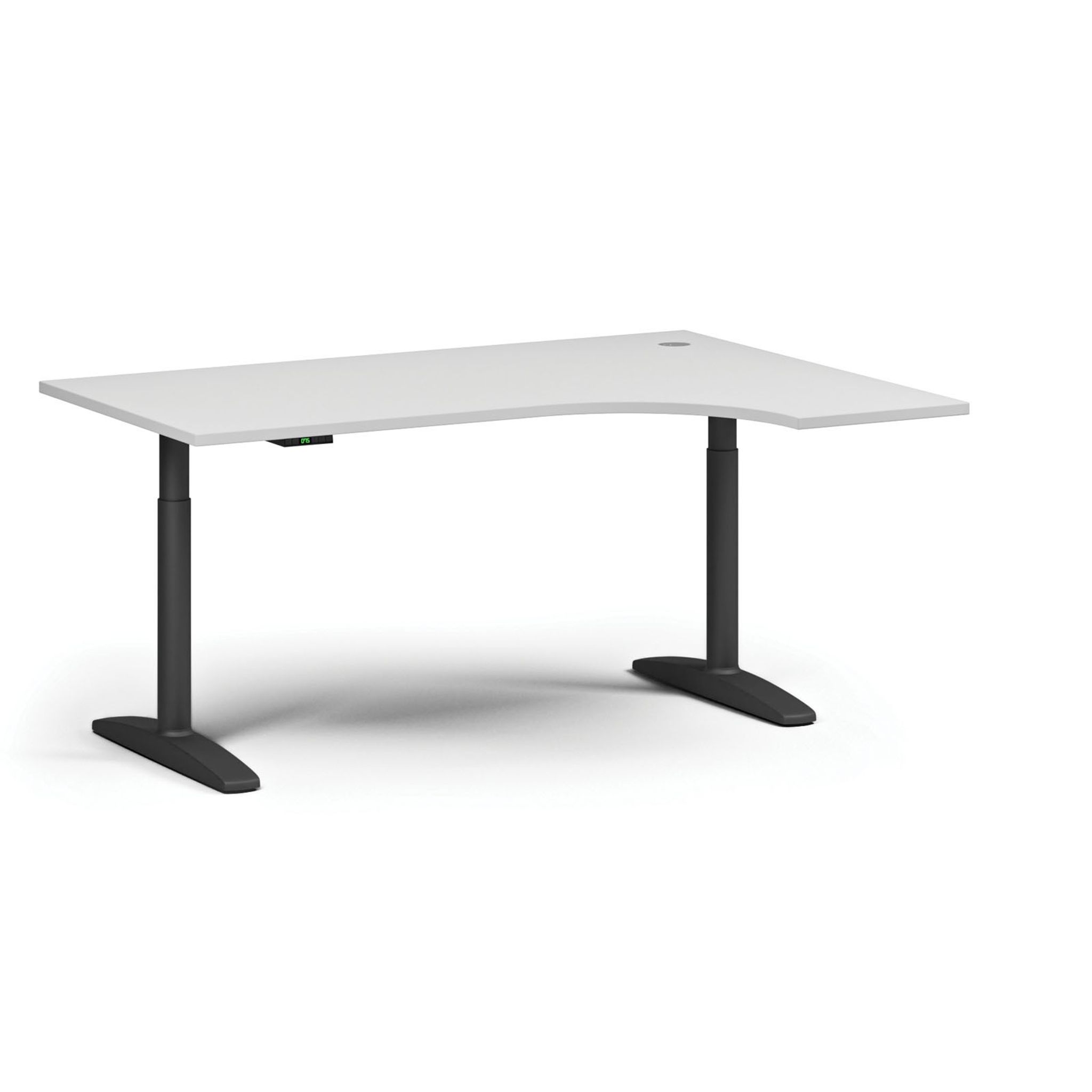 Výškově nastavitelný stůl OBOL, elektrický, 675-1325 mm, rohový pravý, deska 1600x1200 mm, černá zaoblená podnož, bílá