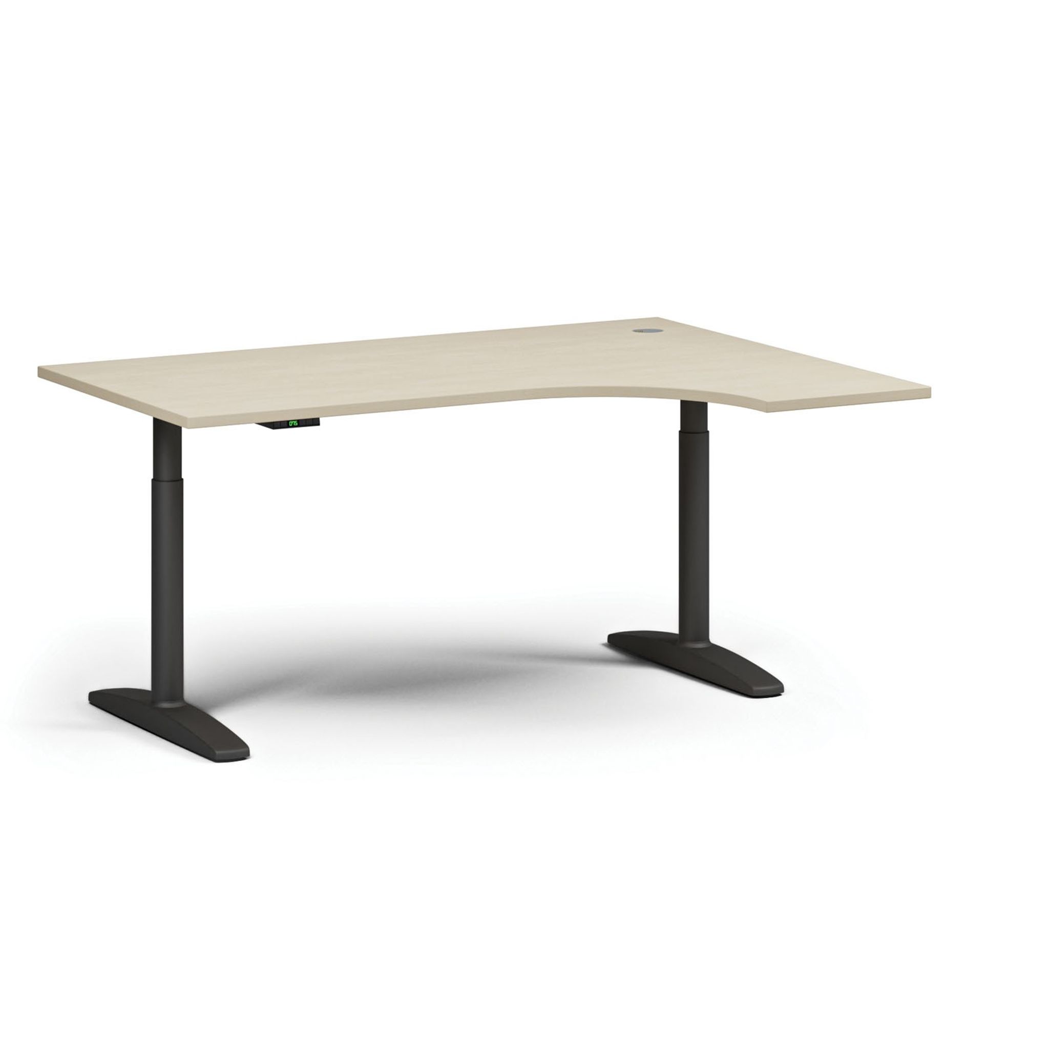 Výškově nastavitelný stůl OBOL, elektrický, 675-1325 mm, rohový pravý, deska 1600x1200 mm, černá zaoblená podnož, bříza