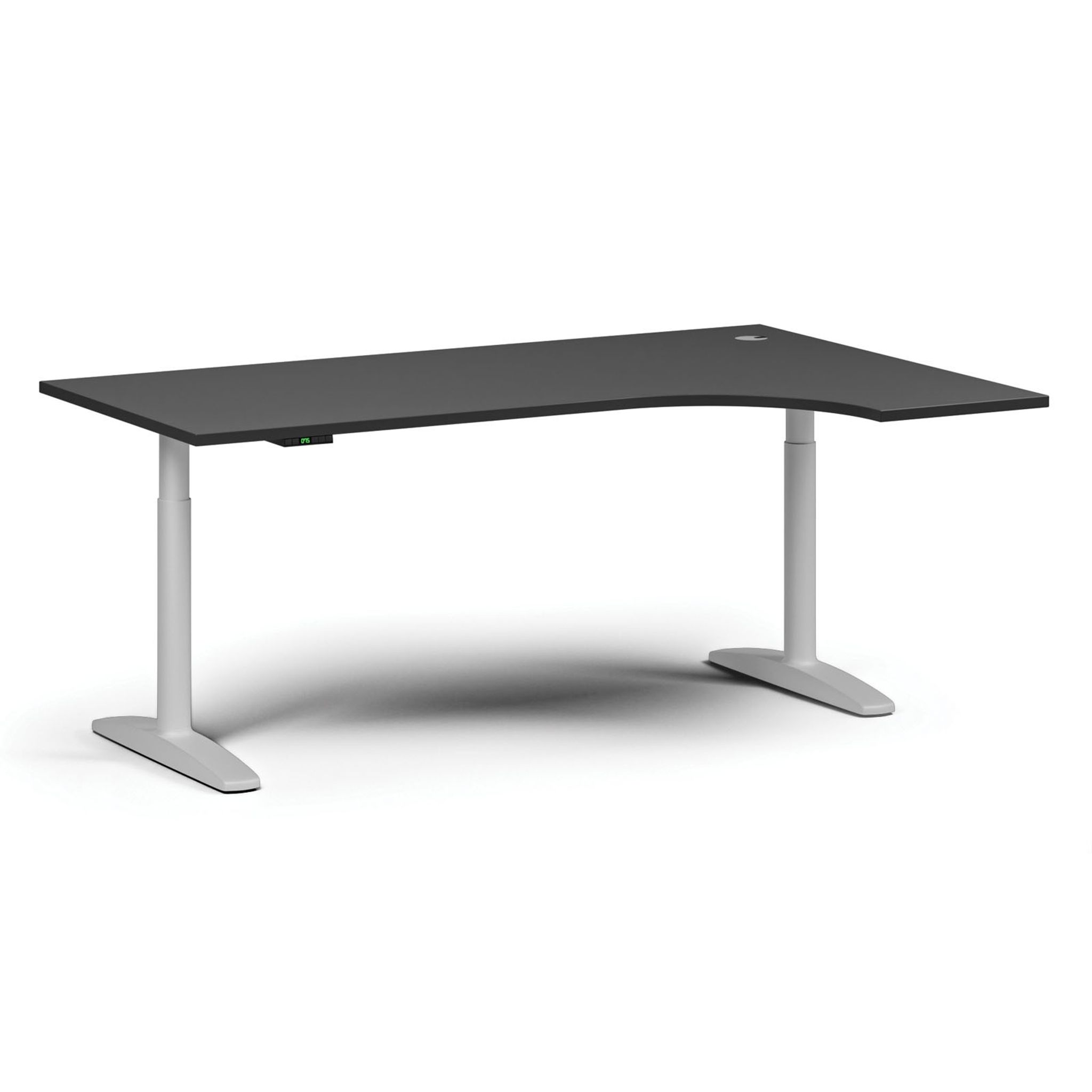 Výškově nastavitelný stůl OBOL, elektrický, 675-1325 mm, rohový pravý, deska 1800x1200 mm, bílá zaoblená podnož, grafit