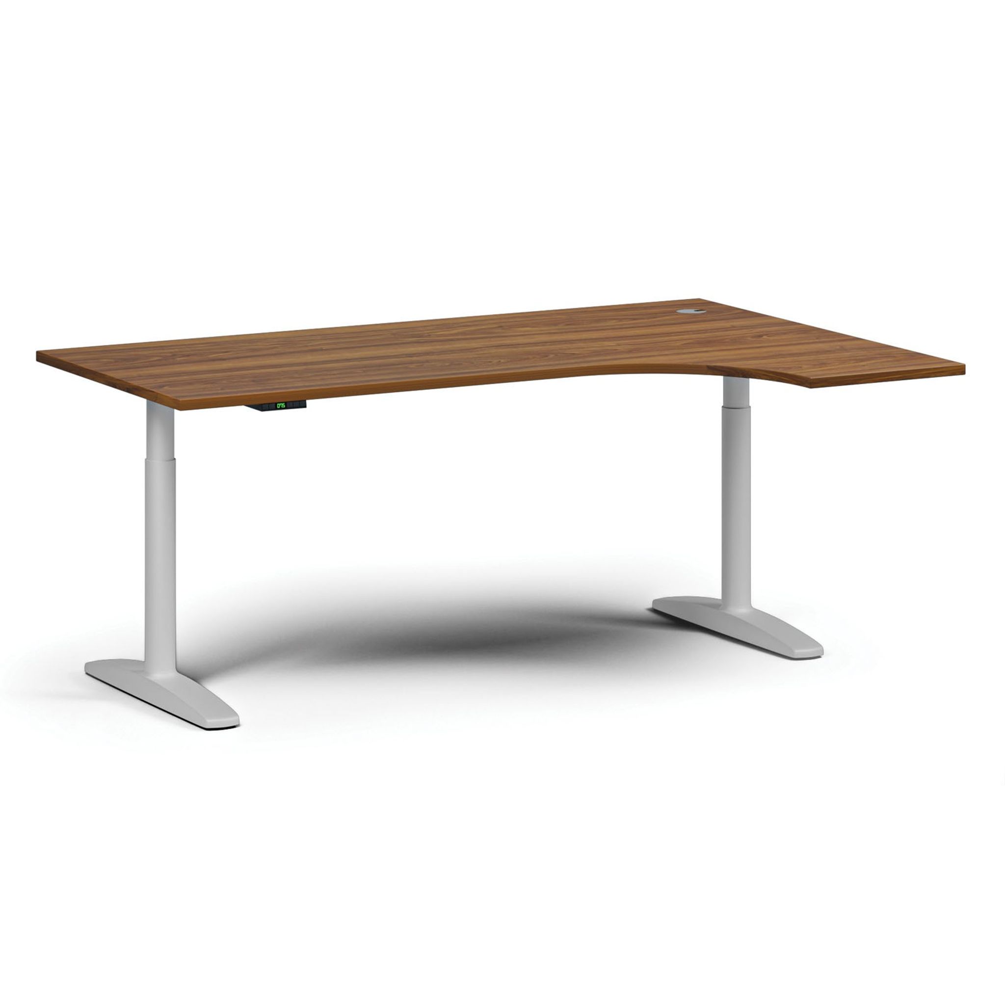 Výškově nastavitelný stůl OBOL, elektrický, 675-1325 mm, rohový pravý, deska 1800x1200 mm, bílá zaoblená podnož, ořech