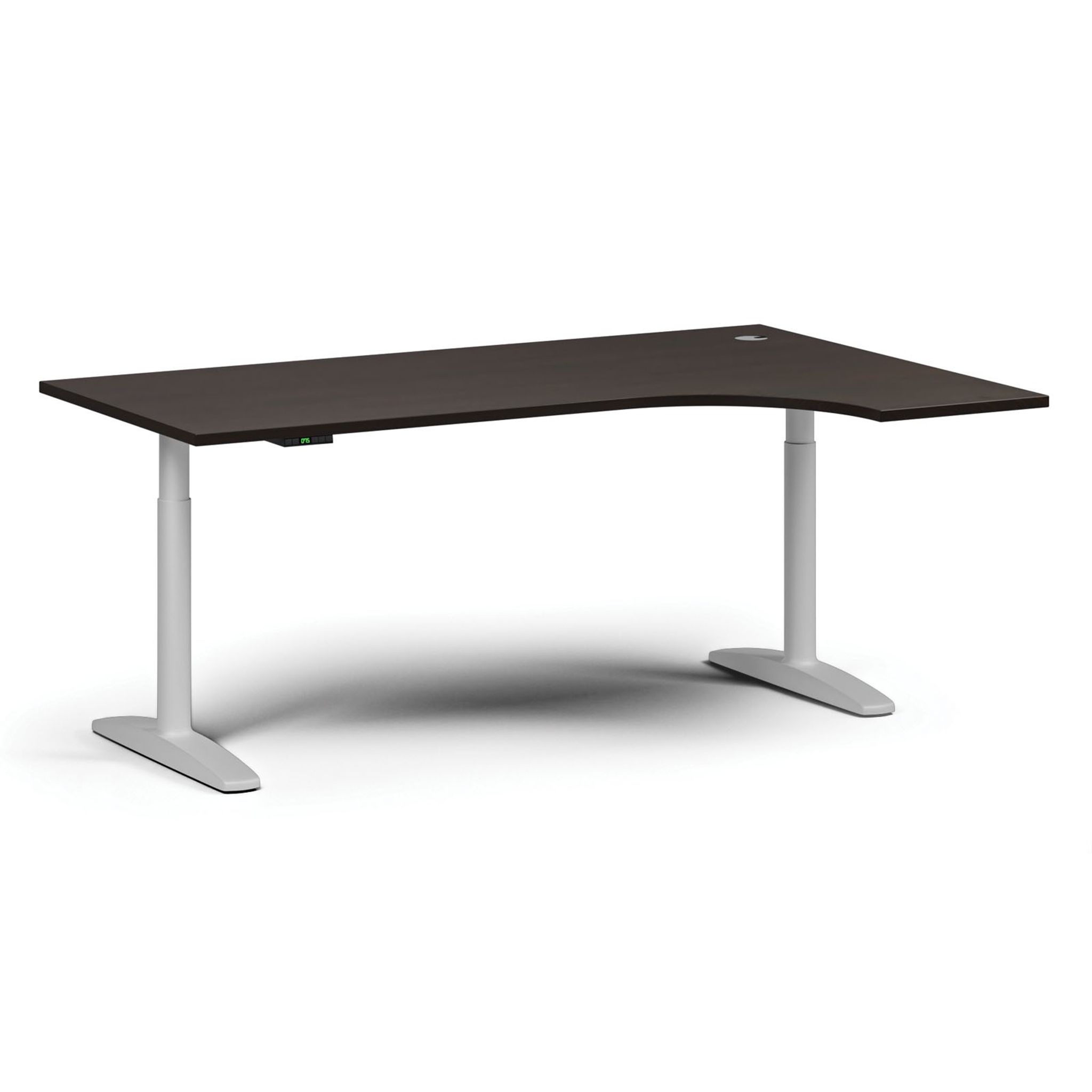 Výškově nastavitelný stůl OBOL, elektrický, 675-1325 mm, rohový pravý, deska 1800x1200 mm, bílá zaoblená podnož, wenge
