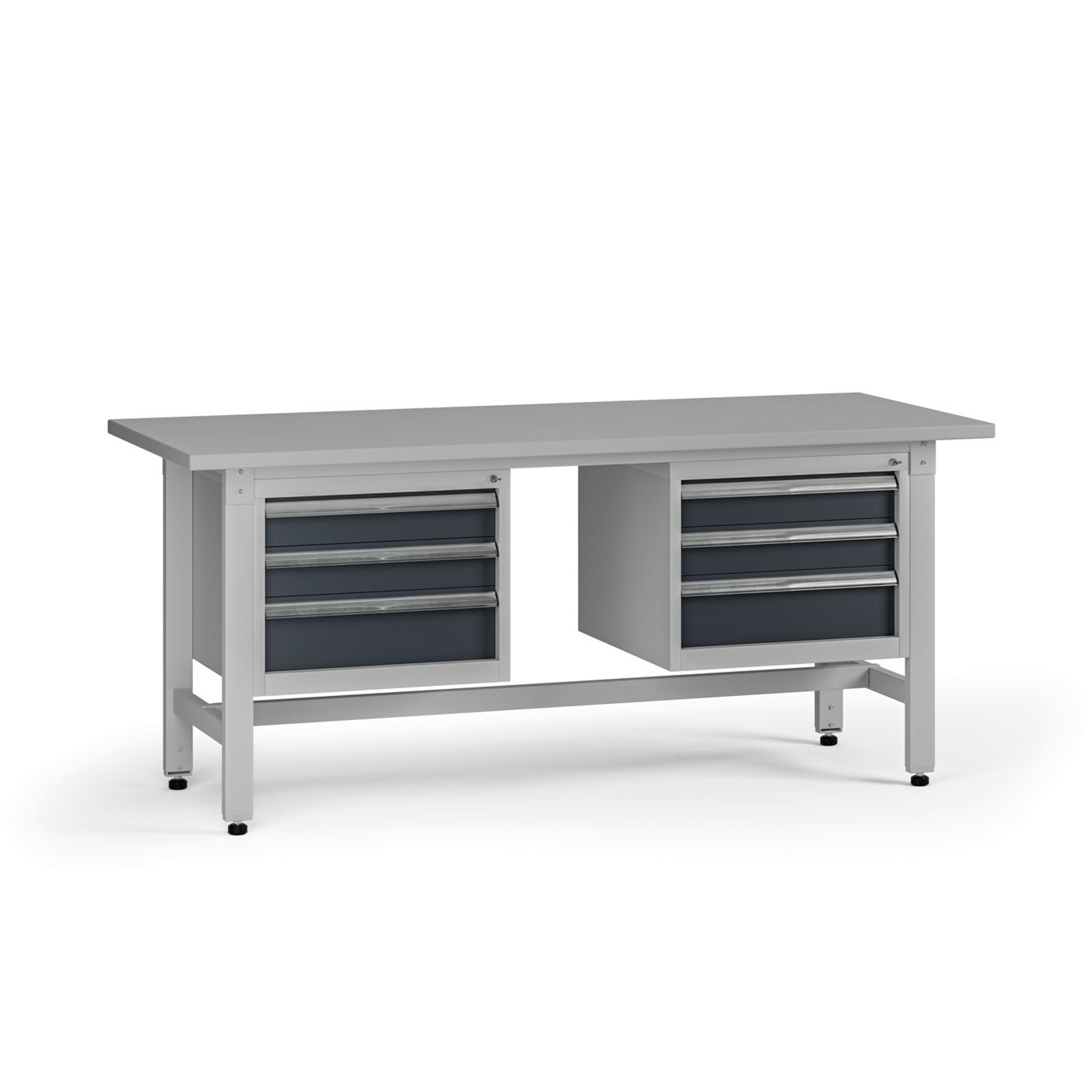 Výškovo nastaviteľný dielenský stôl G5, 1800 x 750 x 800-1000 mm, 2x kontajner, 6 zásuviek, grafit