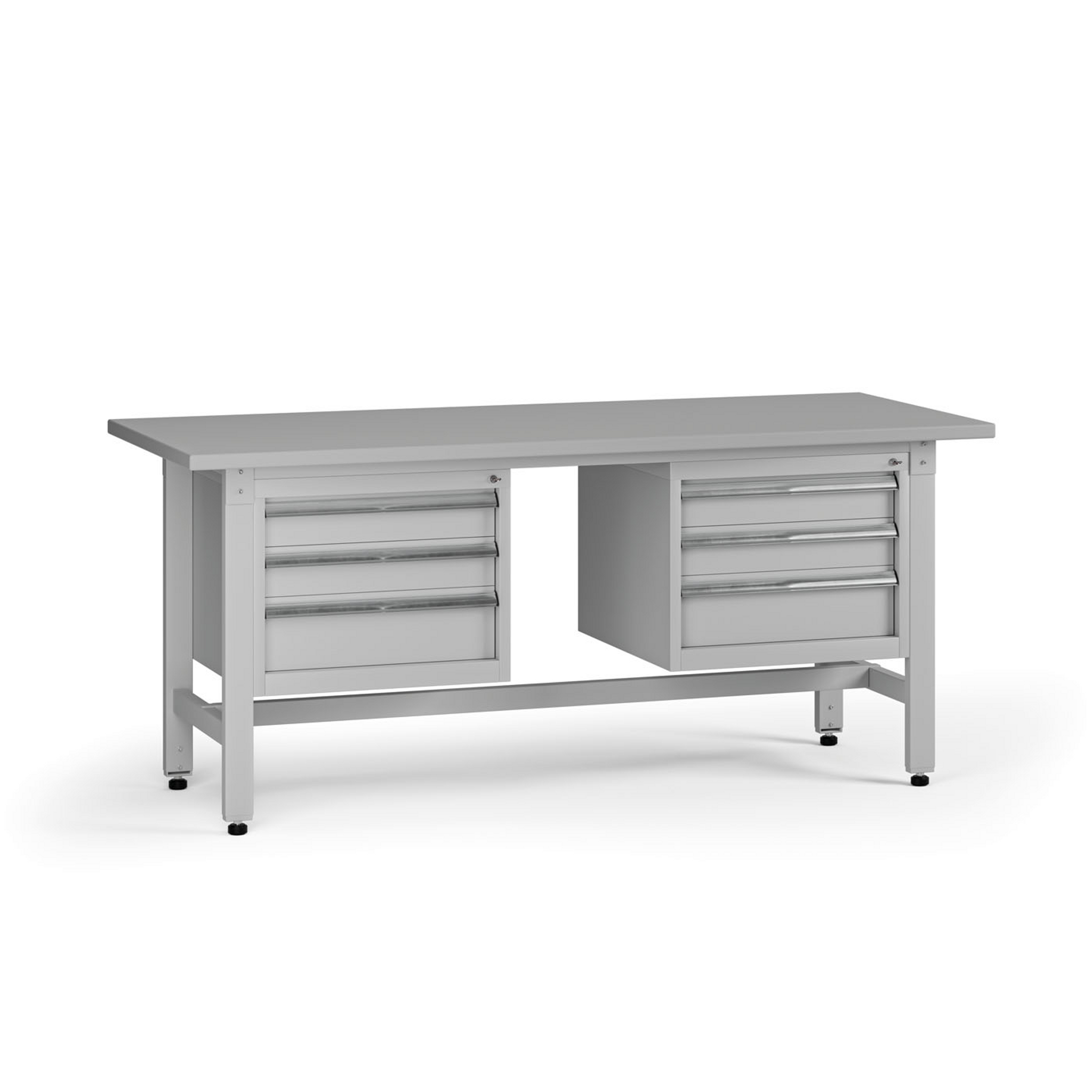 Výškovo nastaviteľný dielenský stôl G5, 1800 x 750 x 800-1000 mm, 2x kontajner, 6 zásuviek, sivá