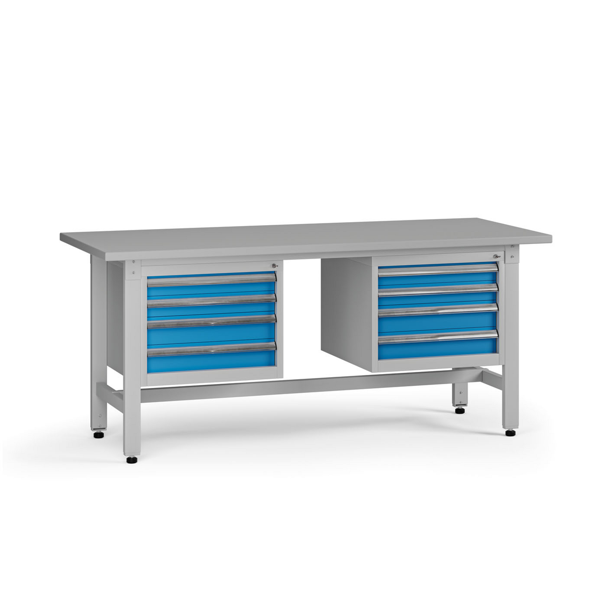 Výškovo nastaviteľný dielenský stôl G5, 1800 x 750 x 800-1000 mm, 2x kontajner, 8 zásuviek