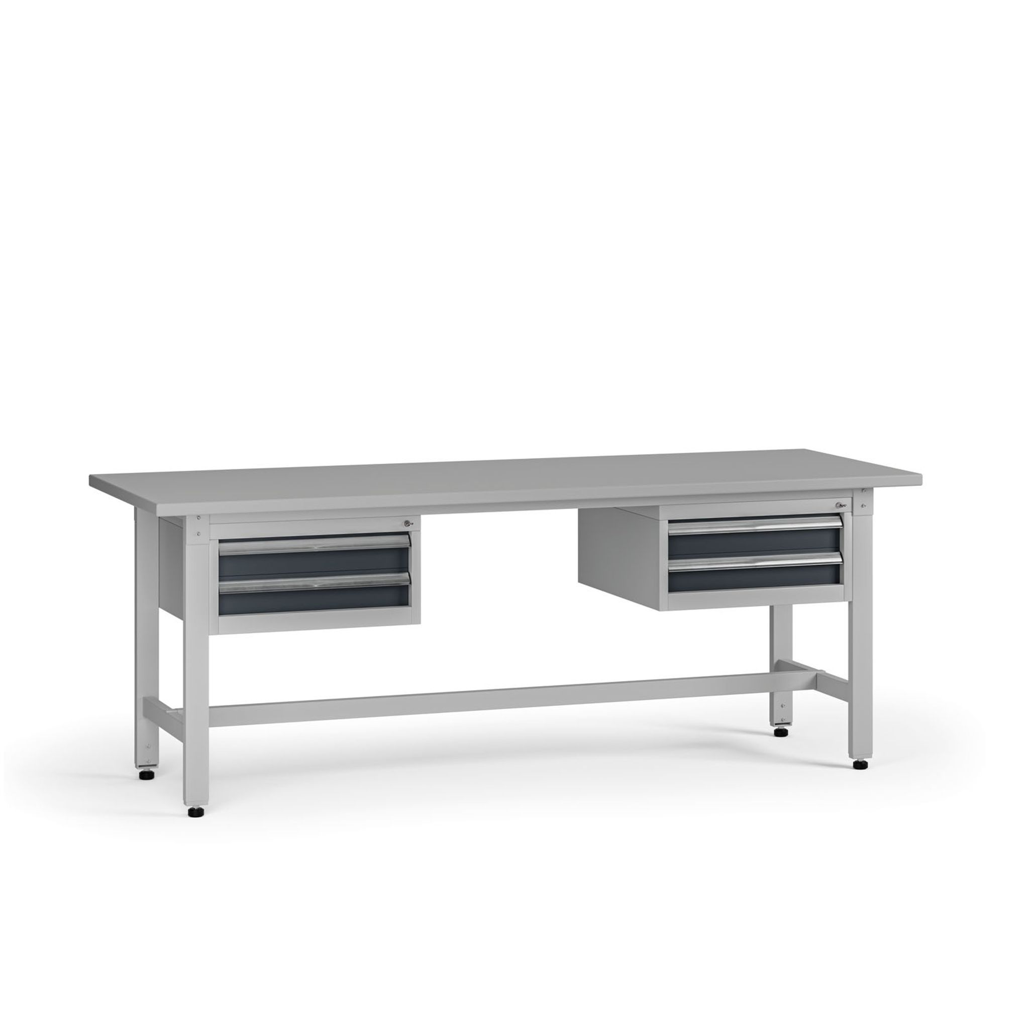 Výškovo nastaviteľný dielenský stôl G5, 2100 x 750 x 800-1000 mm, 2x kontajner, 4 zásuvky, grafit