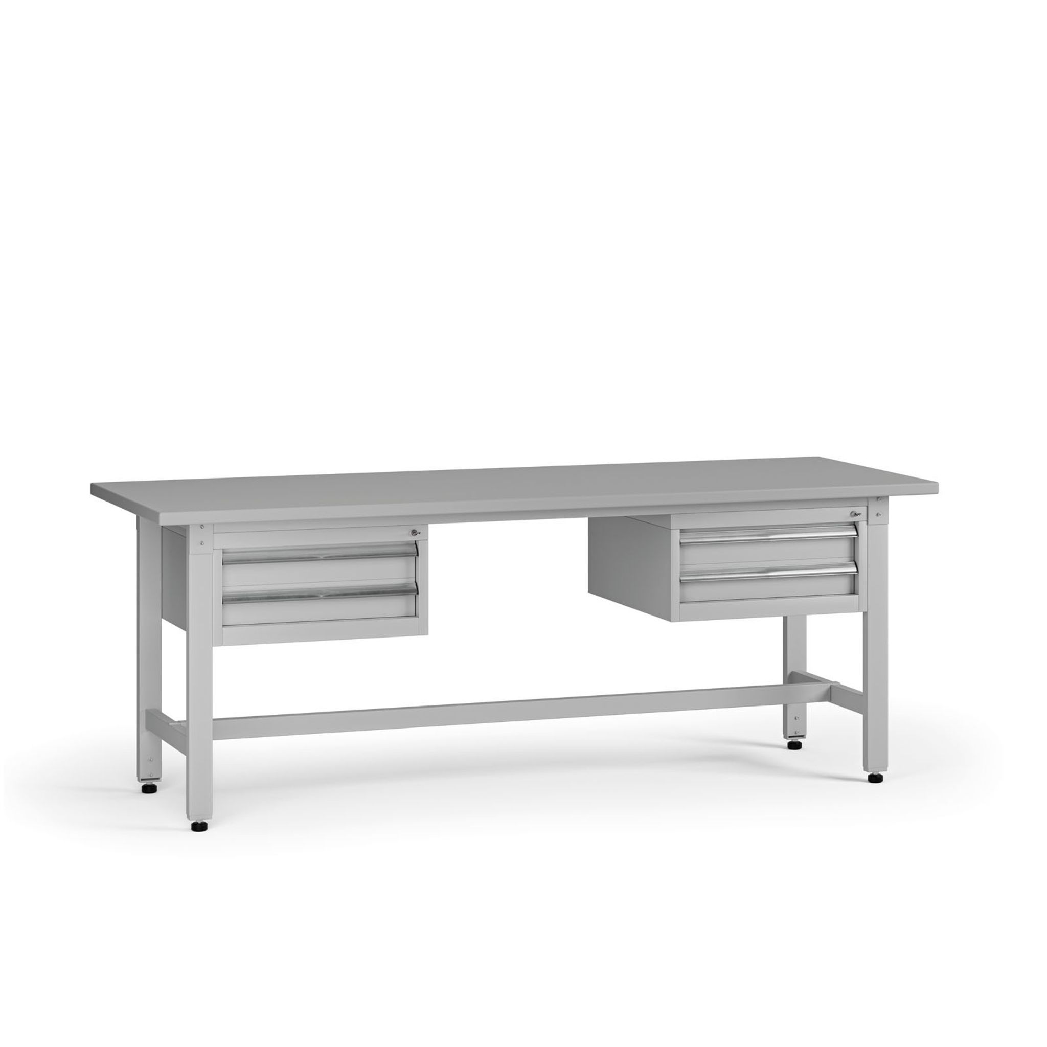 Výškovo nastaviteľný dielenský stôl G5, 2100 x 750 x 800-1000 mm, 2x kontajner, 4 zásuvky