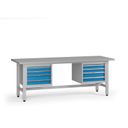 Výškovo nastaviteľný dielenský stôl G5, 2100 x 750 x 800-1000 mm, 2x kontajner, 8 zásuviek, modrá