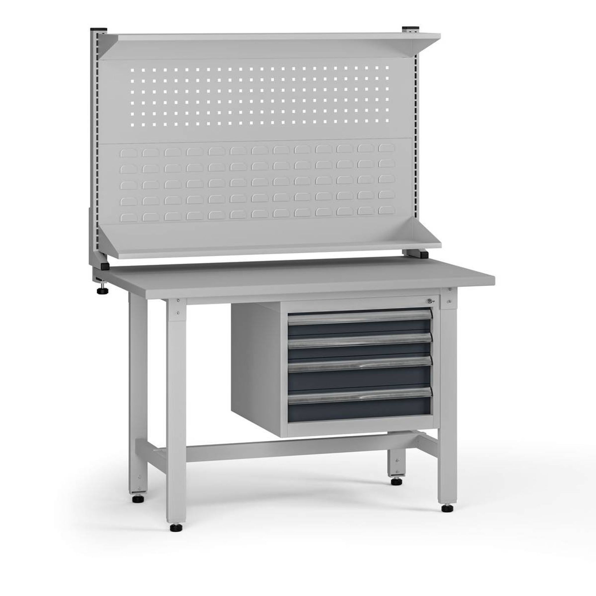 Výškovo nastaviteľný dielenský stôl G5 s nadstavbou, 1200 x 750 x 800-1000 mm, 1x kontajner, 4 zásuvky, grafit
