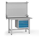 Výškovo nastaviteľný dielenský stôl G5 s nadstavbou, 1200 x 750 x 800-1000 mm, 1x kontajner, 4 zásuvky, modrá