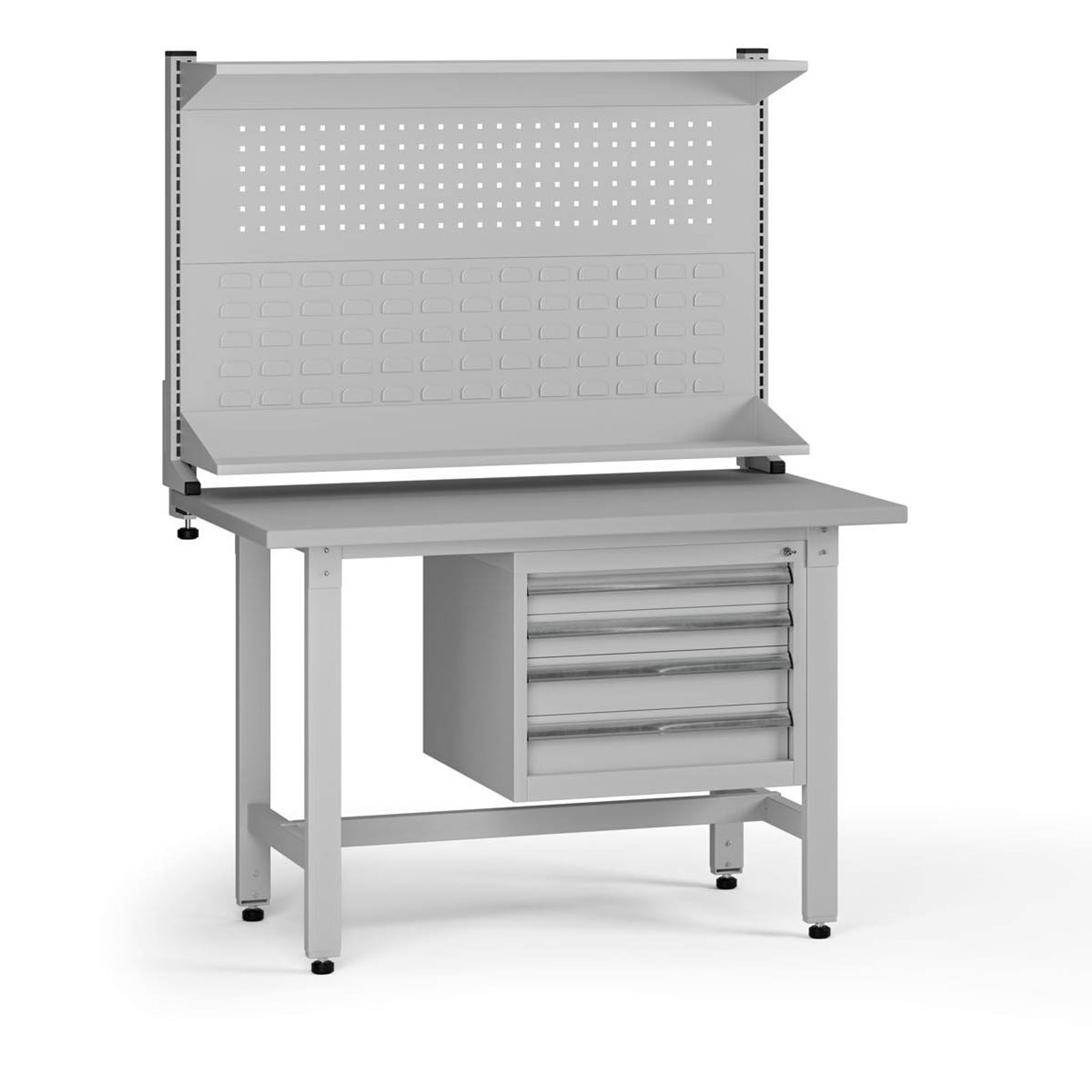 Výškovo nastaviteľný dielenský stôl G5 s nadstavbou, 1200 x 750 x 800-1000 mm, 1x kontajner, 4 zásuvky, sivá