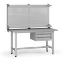 Výškovo nastaviteľný dielenský stôl G5 s nadstavbou, 1500 x 750 x 800-1000 mm, 1x kontajner, 2 zásuvky, sivá