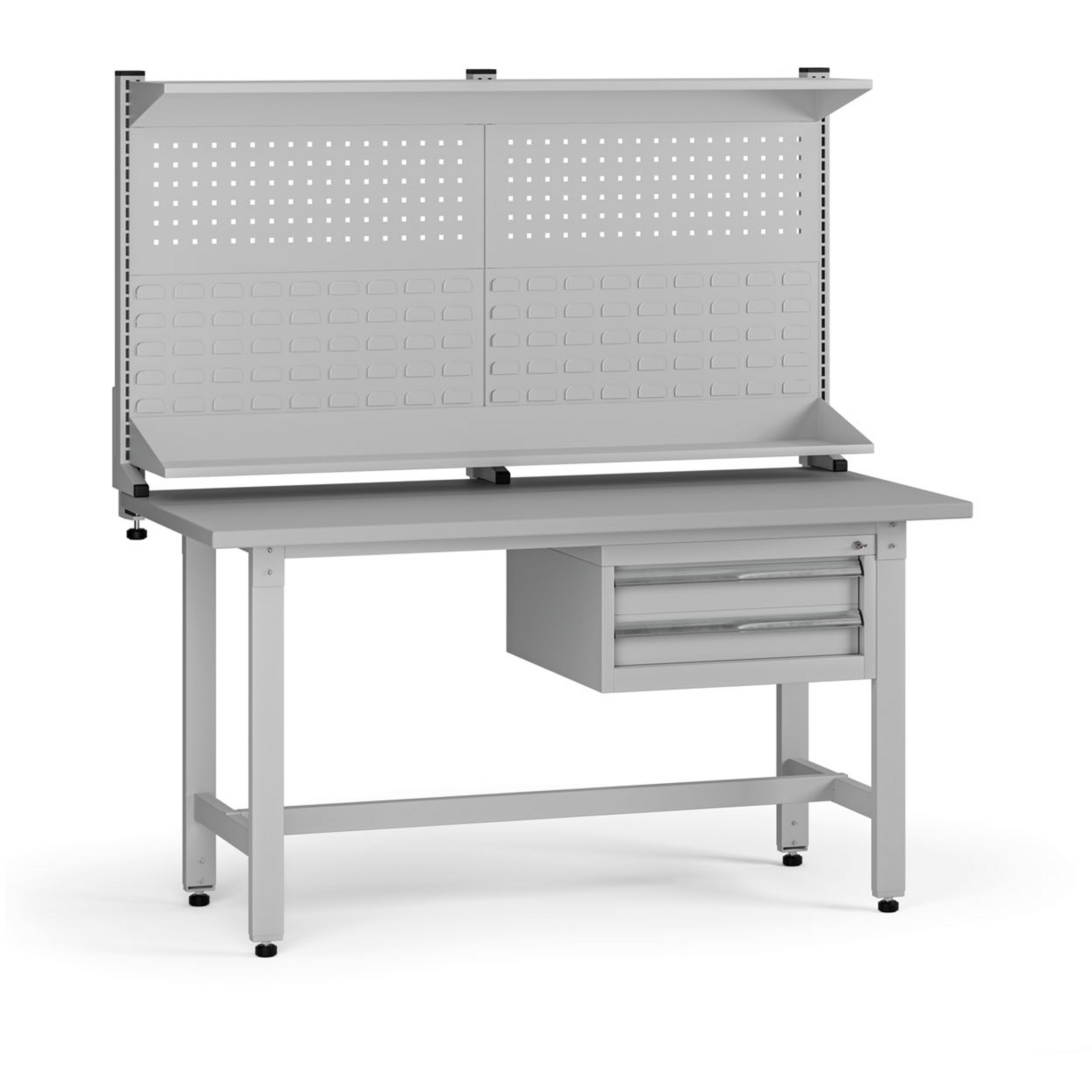 Výškovo nastaviteľný dielenský stôl G5 s nadstavbou, 1500 x 750 x 800-1000 mm, 1x kontajner, 2 zásuvky