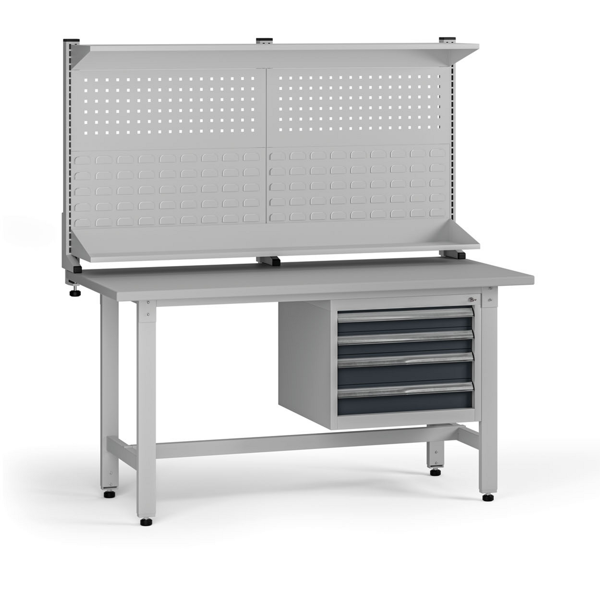 Výškovo nastaviteľný dielenský stôl G5 s nadstavbou, 1500 x 750 x 800-1000 mm, 1x kontajner, 4 zásuvky, grafit