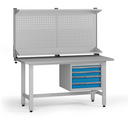 Výškovo nastaviteľný dielenský stôl G5 s nadstavbou, 1500 x 750 x 800-1000 mm, 1x kontajner, 4 zásuvky, modrá