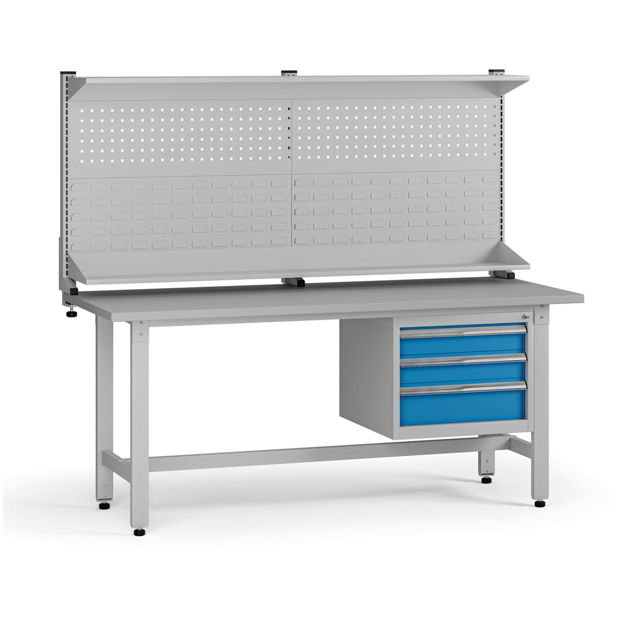 Výškovo nastaviteľný dielenský stôl G5 s nadstavbou, 1800 x 750 x 800-1000 mm, 1x kontajner, 3 zásuvky