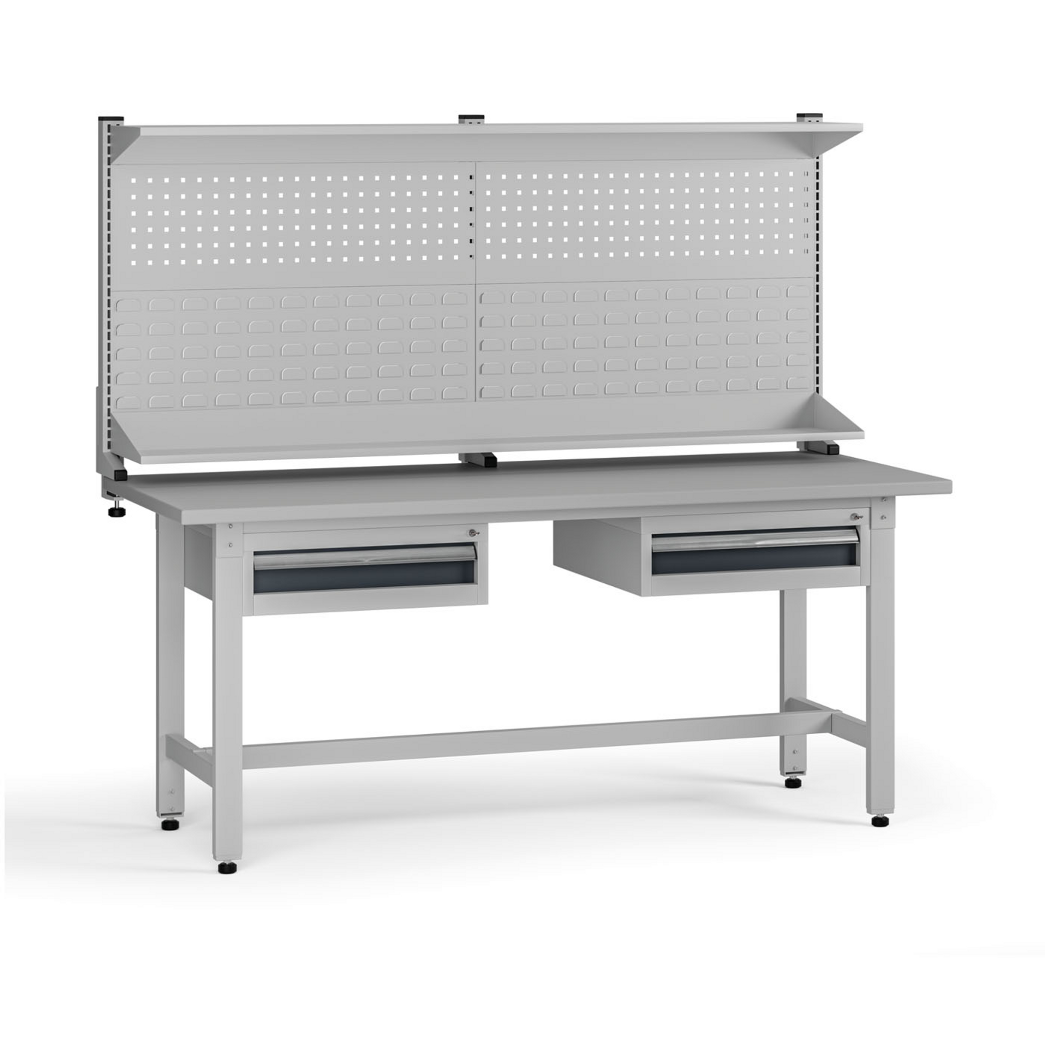 Výškovo nastaviteľný dielenský stôl G5 s nadstavbou, 1800 x 750 x 800-1000 mm, 2x kontajner, 2 zásuvky, grafit