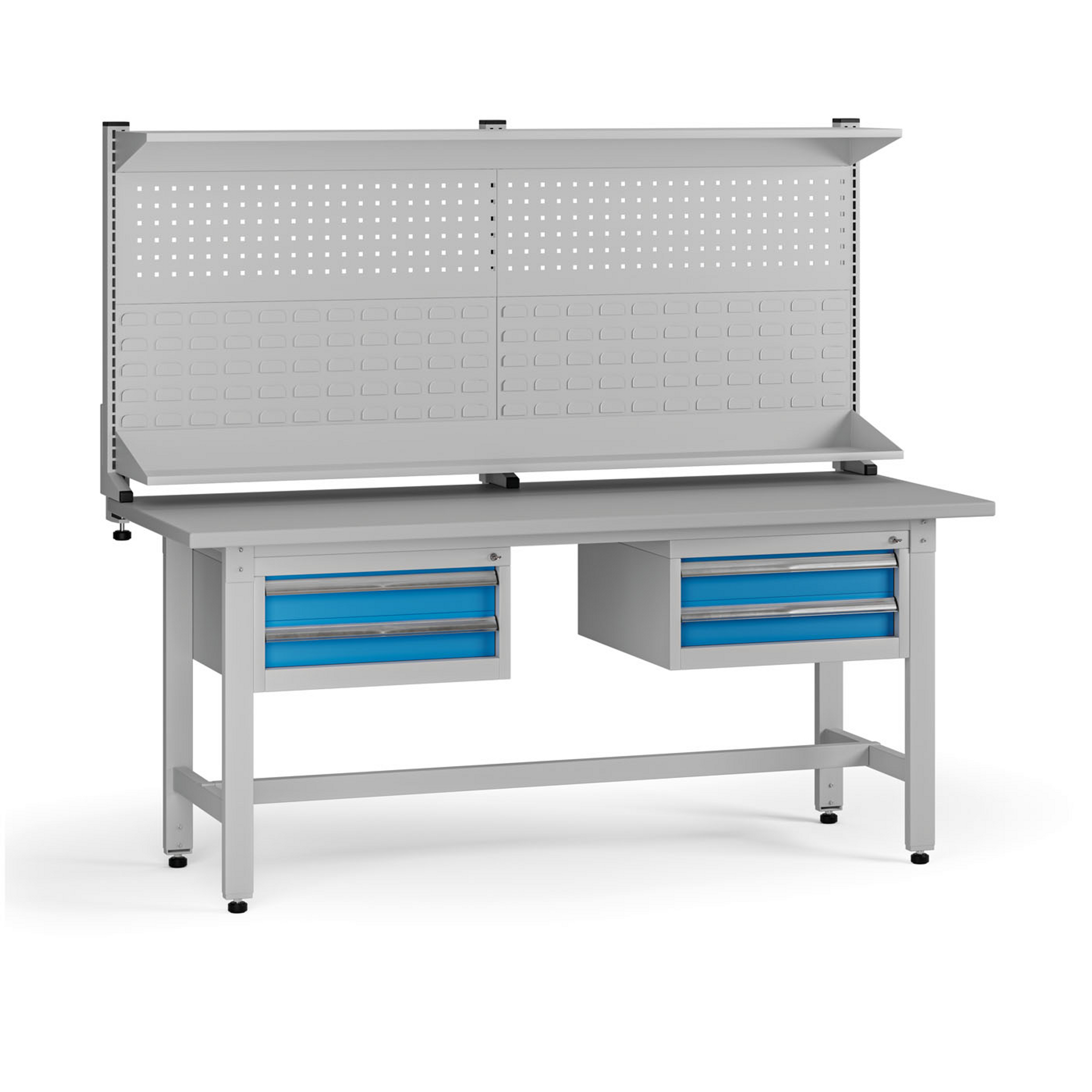 Výškovo nastaviteľný dielenský stôl G5 s nadstavbou, 1800 x 750 x 800-1000 mm, 2x kontajner, 4 zásuvky