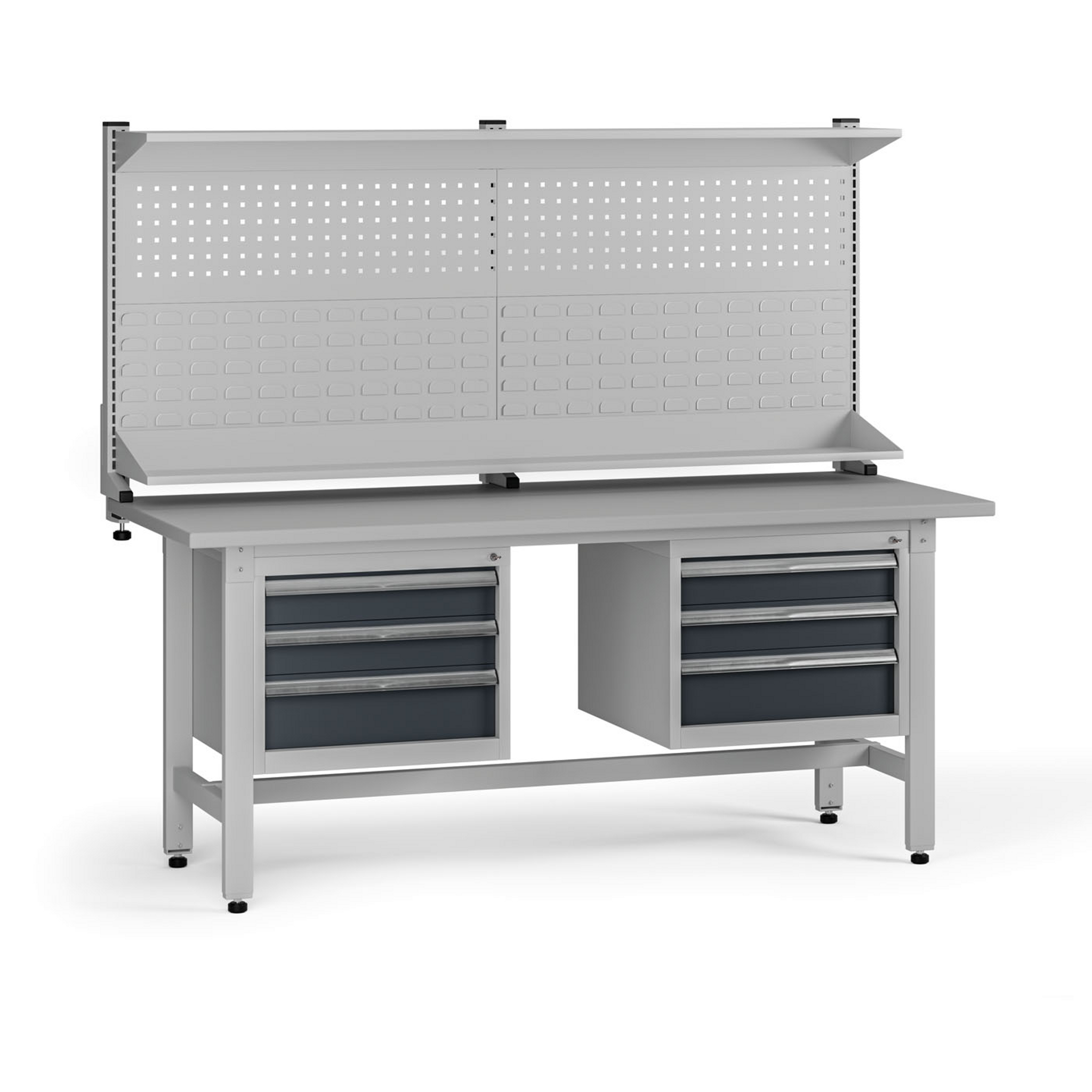 Výškovo nastaviteľný dielenský stôl G5 s nadstavbou, 1800 x 750 x 800-1000 mm, 2x kontajner, 6 zásuviek, grafit