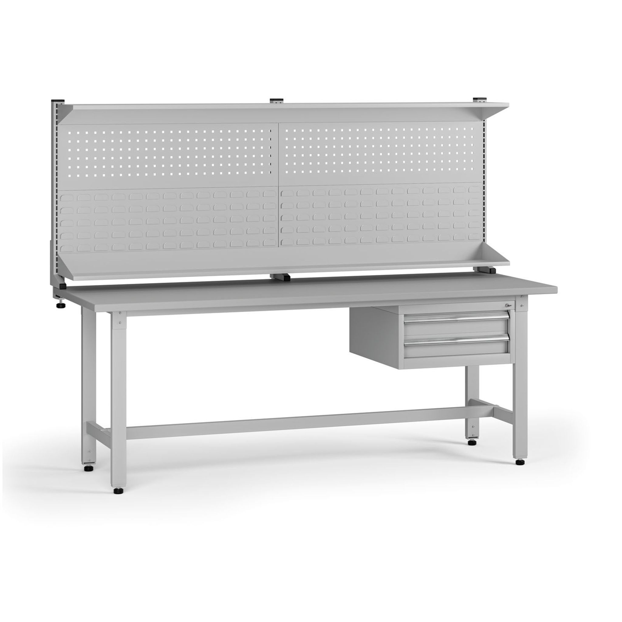 Výškovo nastaviteľný dielenský stôl G5 s nadstavbou, 2100 x 750 x 800-1000 mm, 1x kontajner, 2 zásuvky
