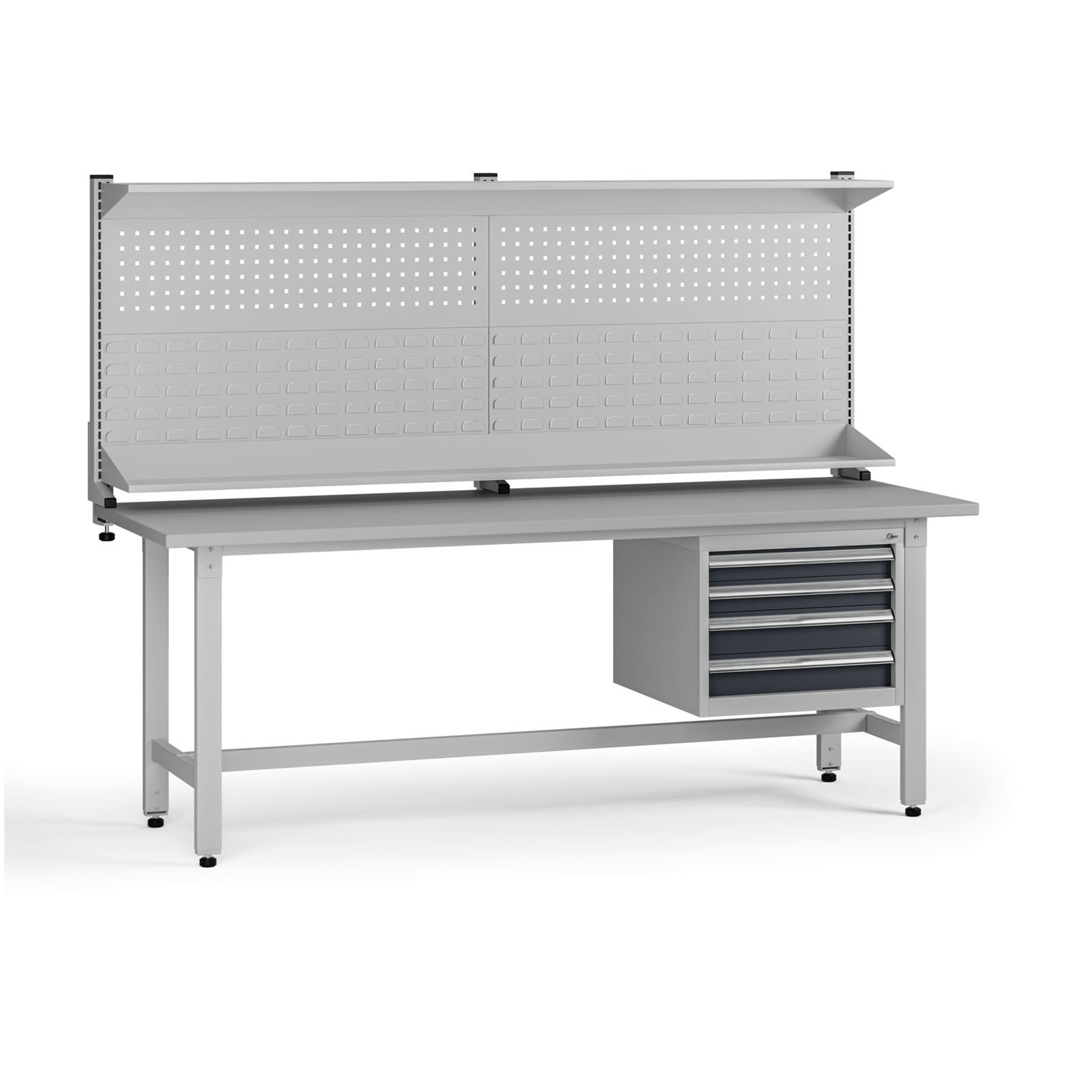 Výškovo nastaviteľný dielenský stôl G5 s nadstavbou, 2100 x 750 x 800-1000 mm, 1x kontajner, 4 zásuvky, grafit