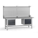 Výškovo nastaviteľný dielenský stôl G5 s nadstavbou, 2100 x 750 x 800-1000 mm, 1x skrinka, 4 zásuvky, grafit