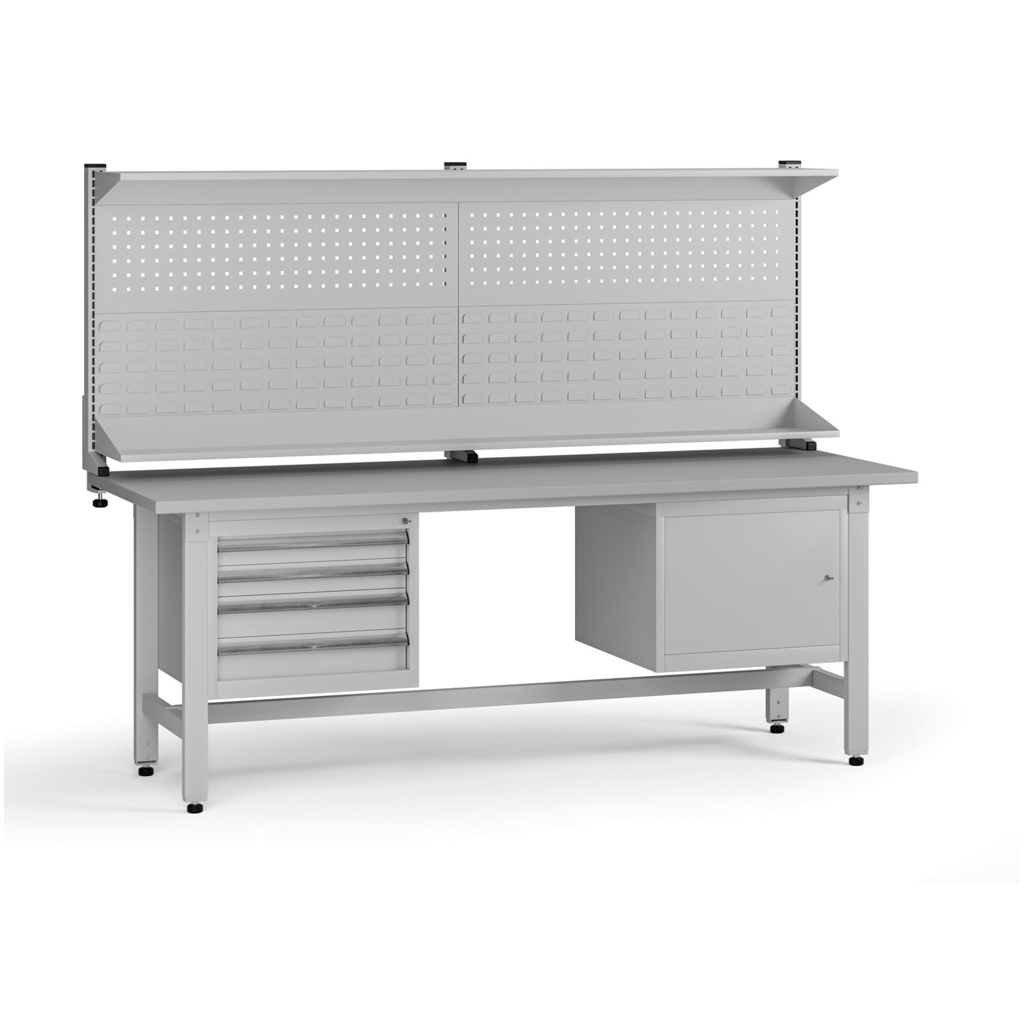 Výškovo nastaviteľný dielenský stôl G5 s nadstavbou, 2100 x 750 x 800-1000 mm, 1x skrinka, 4 zásuvky