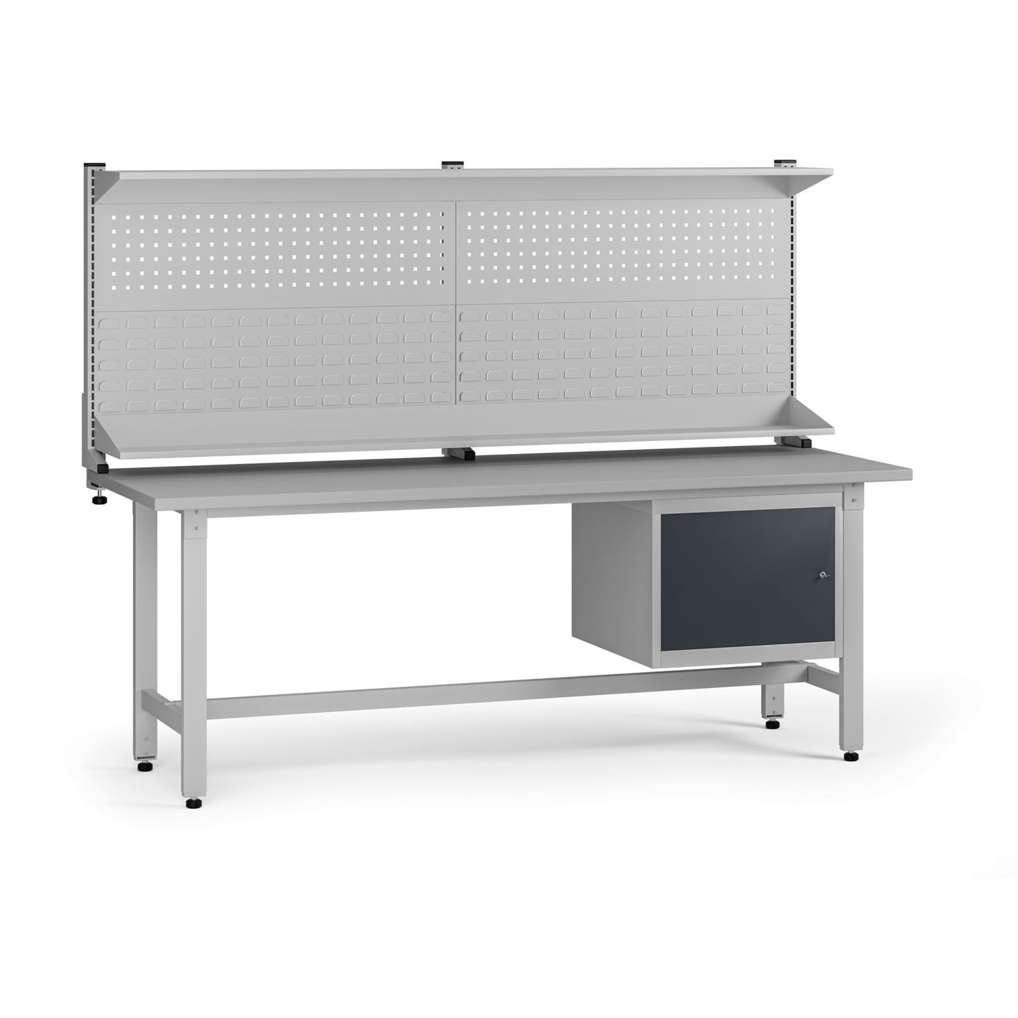 Výškovo nastaviteľný dielenský stôl G5 s nadstavbou, 2100 x 750 x 800-1000 mm, 1x skrinka, grafit