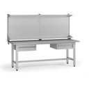 Výškovo nastaviteľný dielenský stôl G5 s nadstavbou, 2100 x 750 x 800-1000 mm, 2x kontajner, 2 zásuvky, sivá