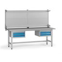 Výškovo nastaviteľný dielenský stôl G5 s nadstavbou, 2100 x 750 x 800-1000 mm, 2x kontajner, 4 zásuvky, modrá