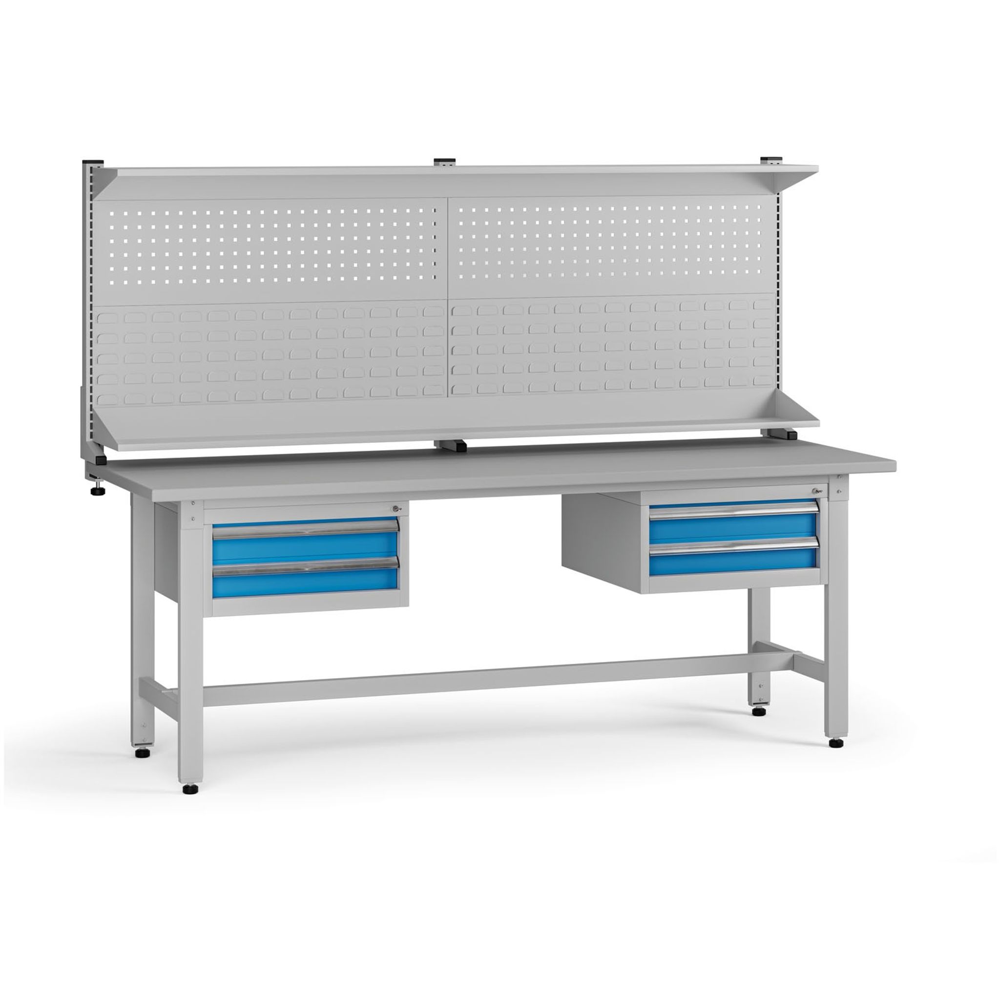 Výškovo nastaviteľný dielenský stôl G5 s nadstavbou, 2100 x 750 x 800-1000 mm, 2x kontajner, 4 zásuvky