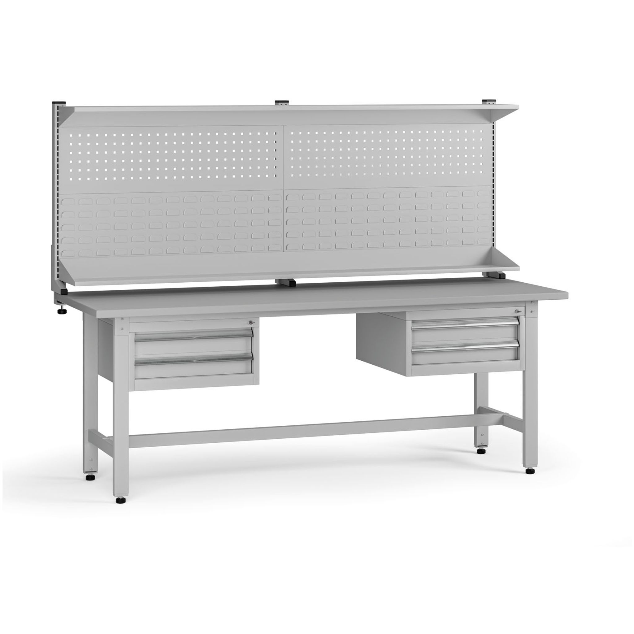 Výškovo nastaviteľný dielenský stôl G5 s nadstavbou, 2100 x 750 x 800-1000 mm, 2x kontajner, 4 zásuvky
