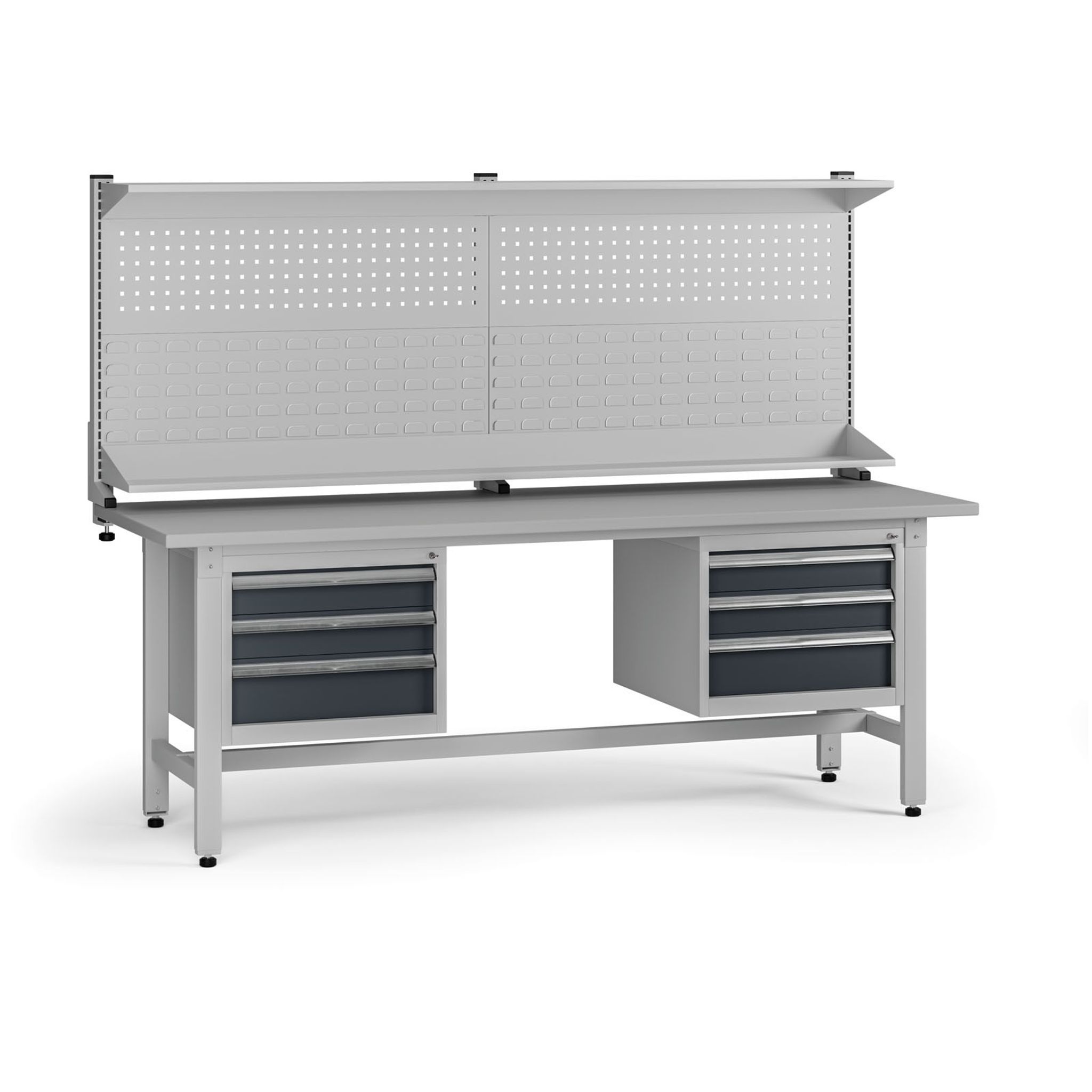 Výškovo nastaviteľný dielenský stôl G5 s nadstavbou, 2100 x 750 x 800-1000 mm, 2x kontajner, 6 zásuviek, grafit