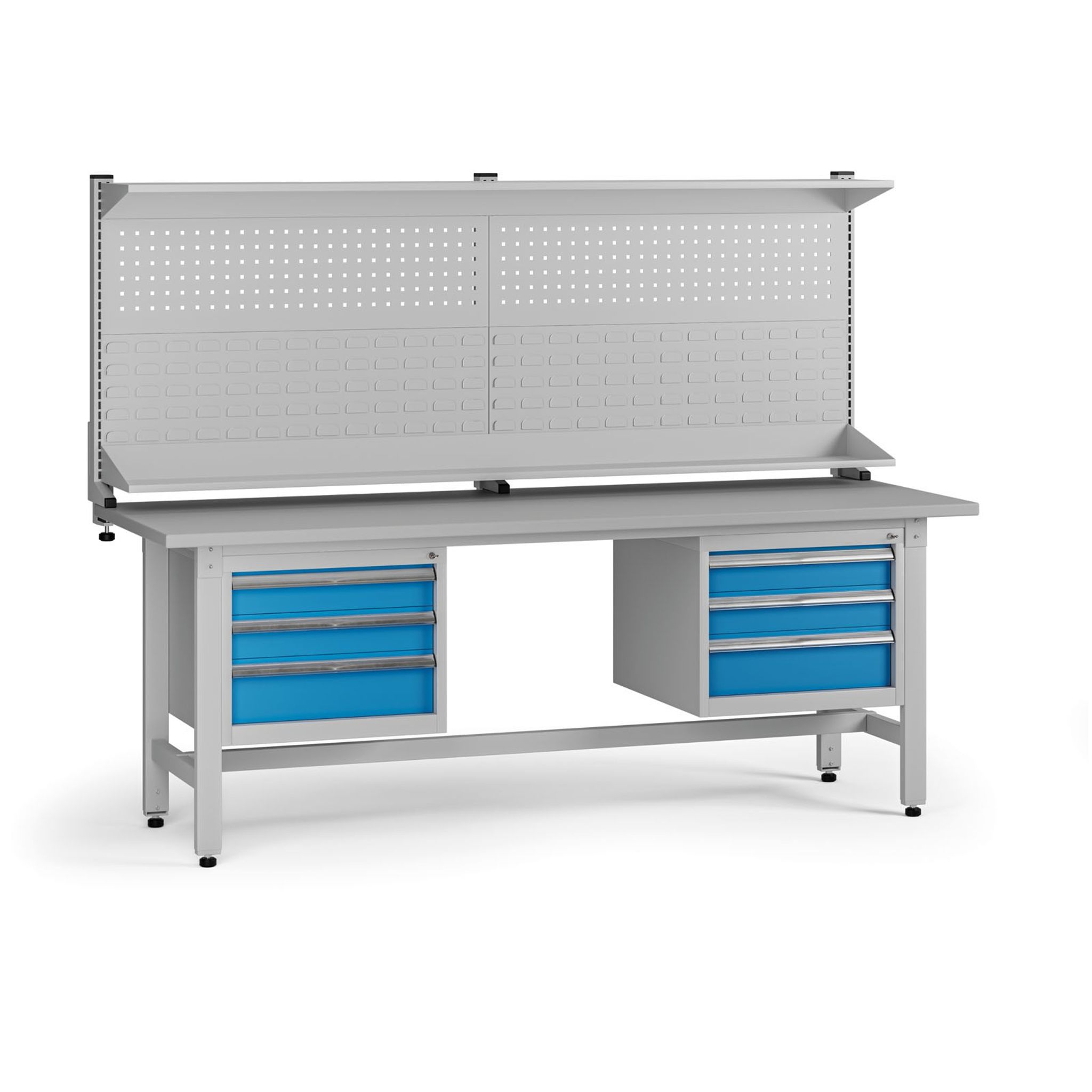 Výškovo nastaviteľný dielenský stôl G5 s nadstavbou, 2100 x 750 x 800-1000 mm, 2x kontajner, 6 zásuviek