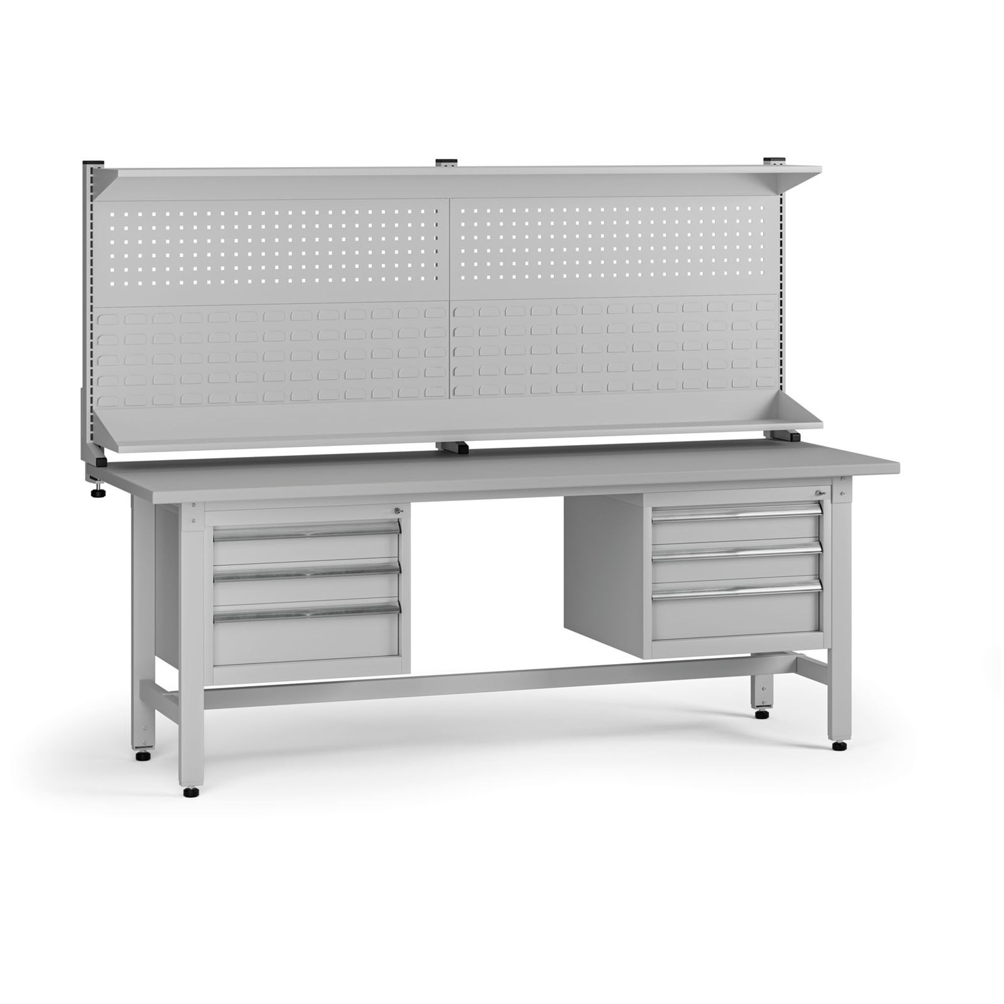 Výškovo nastaviteľný dielenský stôl G5 s nadstavbou, 2100 x 750 x 800-1000 mm, 2x kontajner, 6 zásuviek, sivá