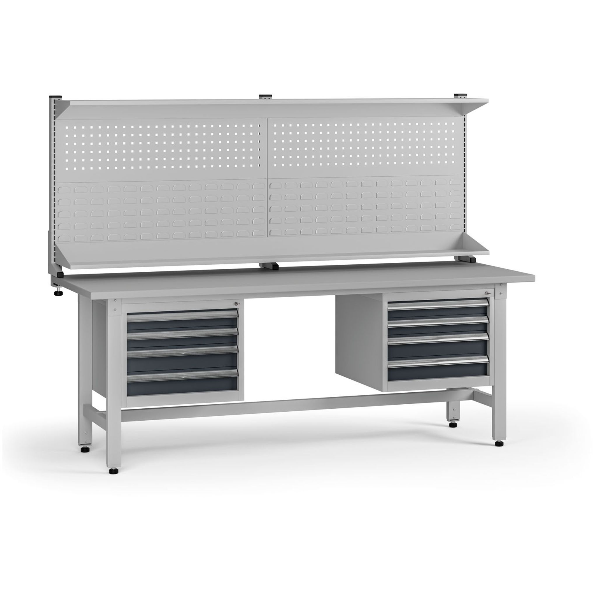Výškovo nastaviteľný dielenský stôl G5 s nadstavbou, 2100 x 750 x 800-1000 mm, 2x kontajner, 8 zásuviek, grafit