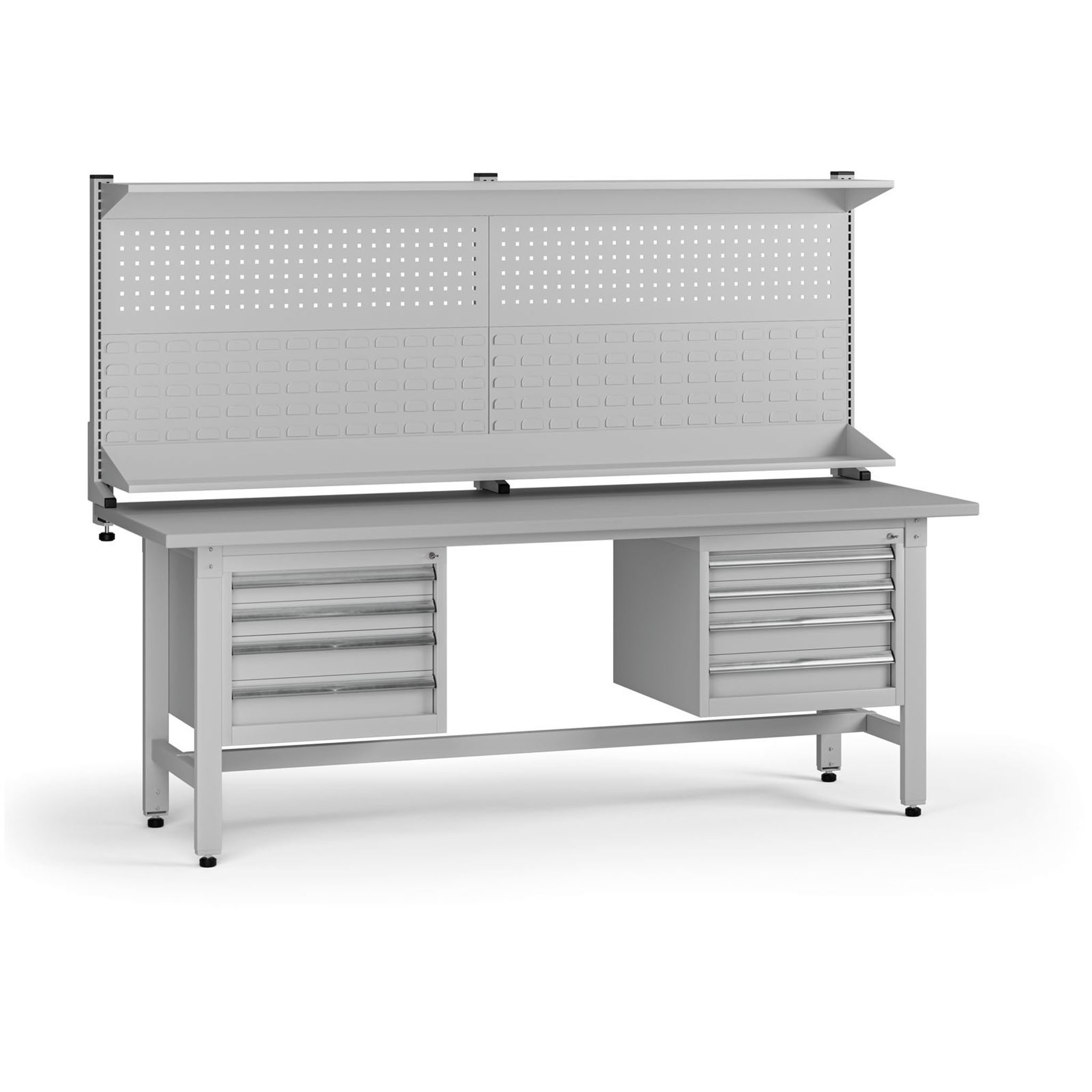 Výškovo nastaviteľný dielenský stôl G5 s nadstavbou, 2100 x 750 x 800-1000 mm, 2x kontajner, 8 zásuviek, sivá