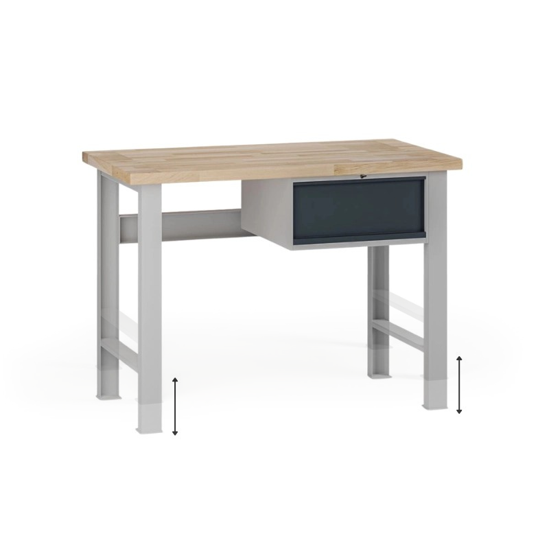 Fotografia produktu: Výškovo nastaviteľný dielenský stôl G7, buková škárovka, 1200 x 685 x 840-1040 mm, 1x kontajner, 1 zásuvka, grafit
