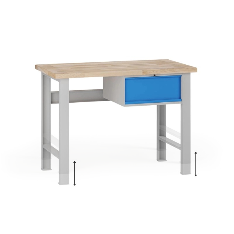 Fotografia produktu: Výškovo nastaviteľný dielenský stôl G7, buková škárovka, 1200 x 685 x 840-1040 mm, 1x kontajner, 1 zásuvka, modrá
