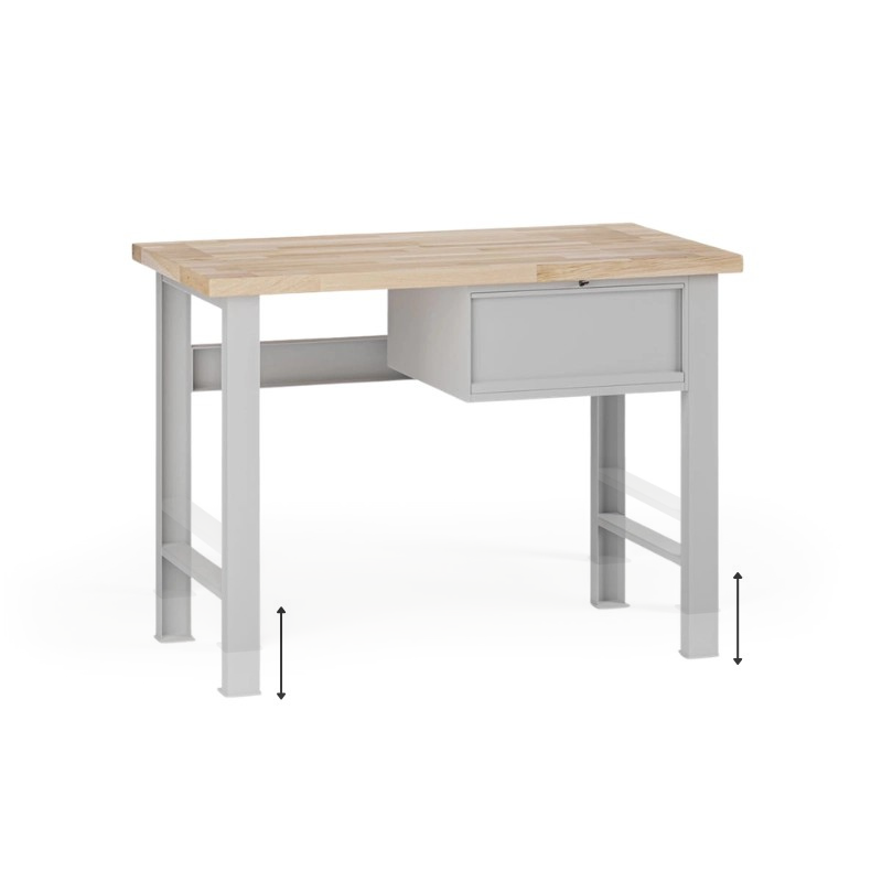 Fotografia produktu: Výškovo nastaviteľný dielenský stôl G7, buková škárovka, 1200 x 685 x 840-1040 mm, 1x kontajner, 1 zásuvka, sivá