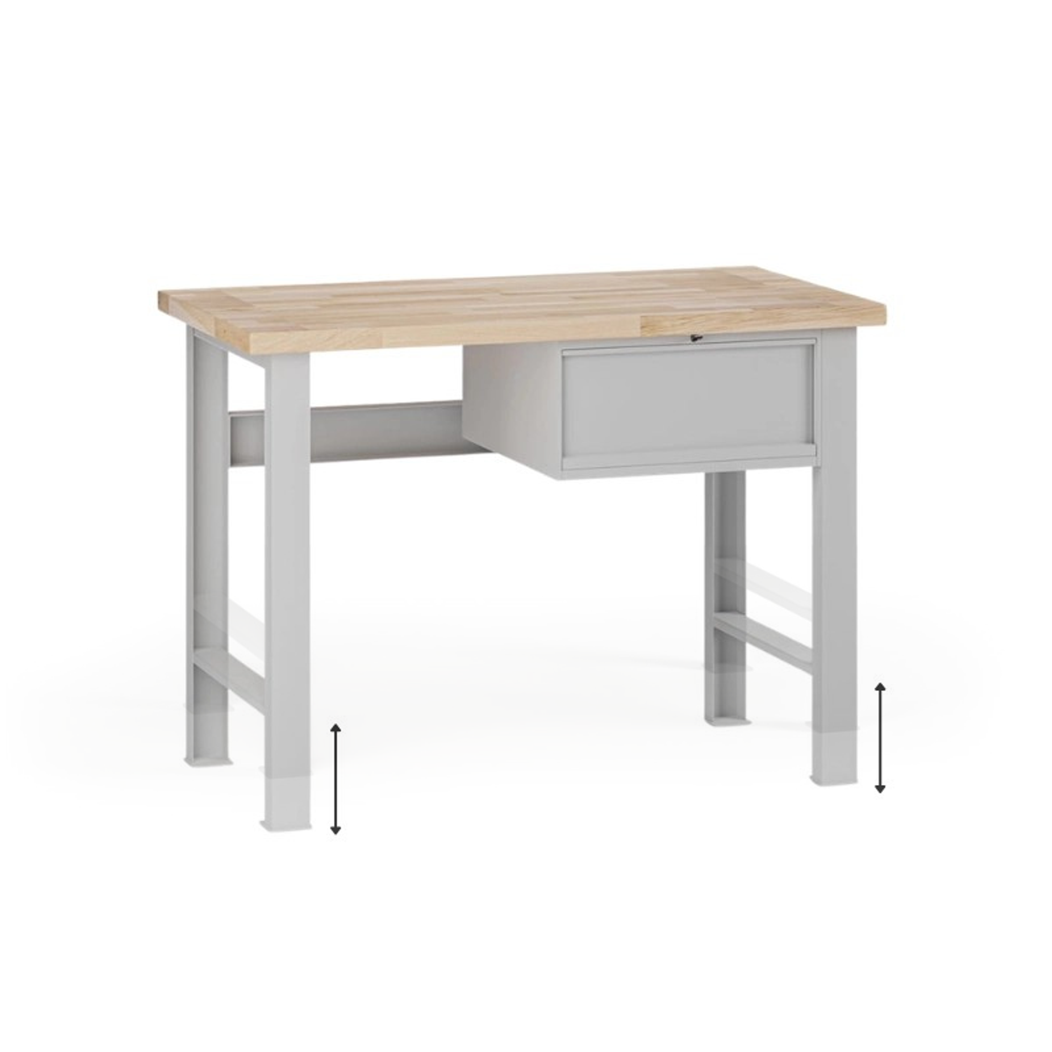 Výškovo nastaviteľný dielenský stôl G7, buková škárovka, 1200 x 685 x 840-1040 mm, 1x kontajner, 1 zásuvka, sivá