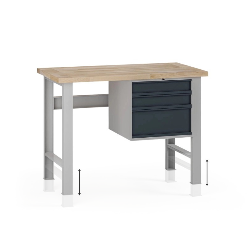 Fotografia produktu: Výškovo nastaviteľný dielenský stôl G7, buková škárovka, 1200 x 685 x 840-1040 mm, 1x kontajner, 3 zásuvky, grafit